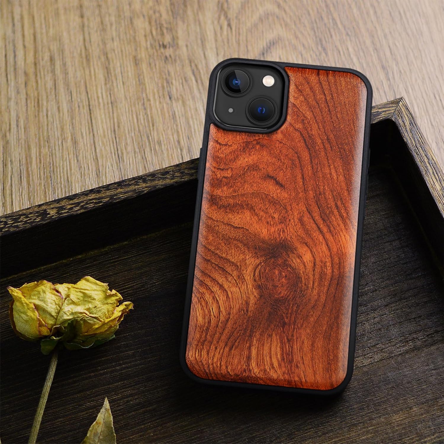 Carveit Magnetic Wooden Case for iPhone 15 Plus Case, Compatible with MagSafe Wireless Chargers, Solid Wood & Black Soft TPU Shockproof Cover (Natural Grain - Rosy)