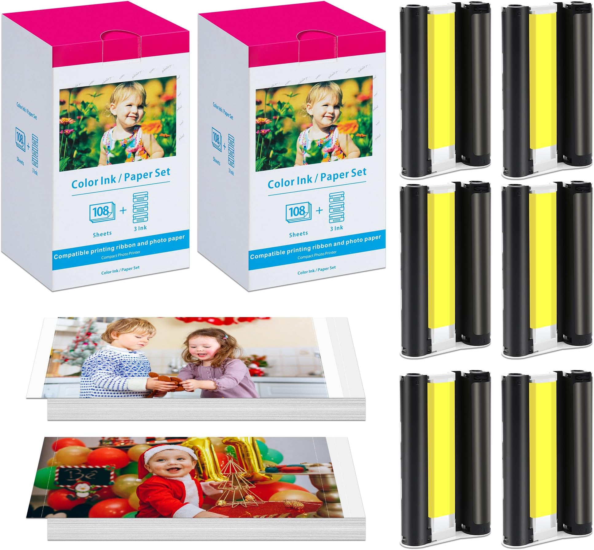 Wonfoucs 2 Pack Compatible for Canon Selphy CP1500 Ink and Photo Paper KP-108IN KP108 Includes 6 Ink Toners + 216 Ink Paper Sheets for Canon Selphy CP1300 CP1200 CP910 CP900 CP1000 Photo Printers