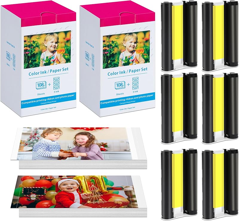 2 Pack Compatible for Canon Selphy CP1500 Ink and Photo Paper KP-108IN | KP108 Includes 6 Ink Cassettes + 216 Paper Sheets for Canon Selphy CP1300 CP1200 CP910 CP900 CP1000 Photo Printers