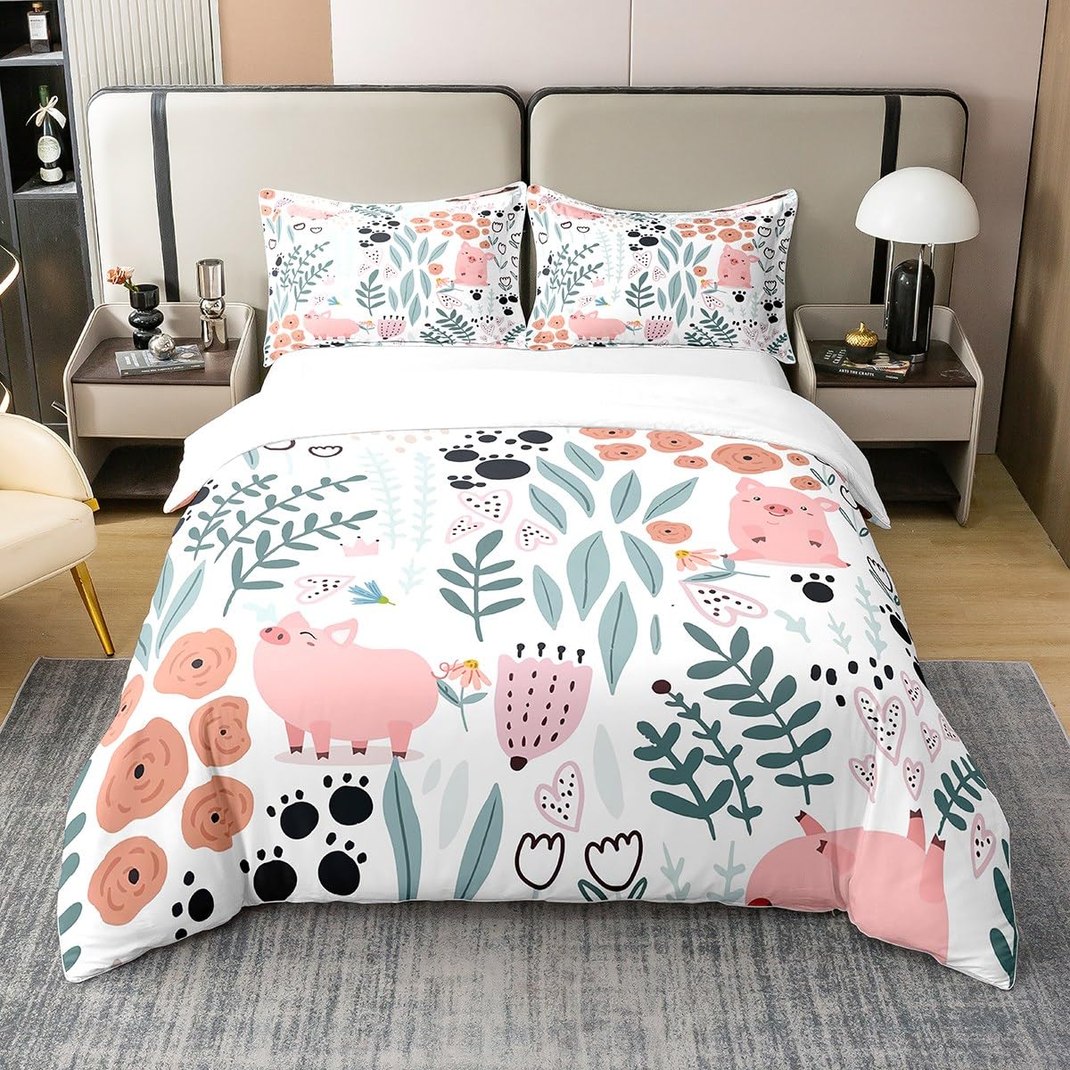 100% Baumwolle Kawaii Schwein Bettbezug,Cartoon Schwein Bettwäsche Set 135x200,Niedlich Love Heart Blätter Blumen Tröster Abdeckung für Kinder,Paw Drucken Farmtiere Bettbezug mit 1 Kissenbezug