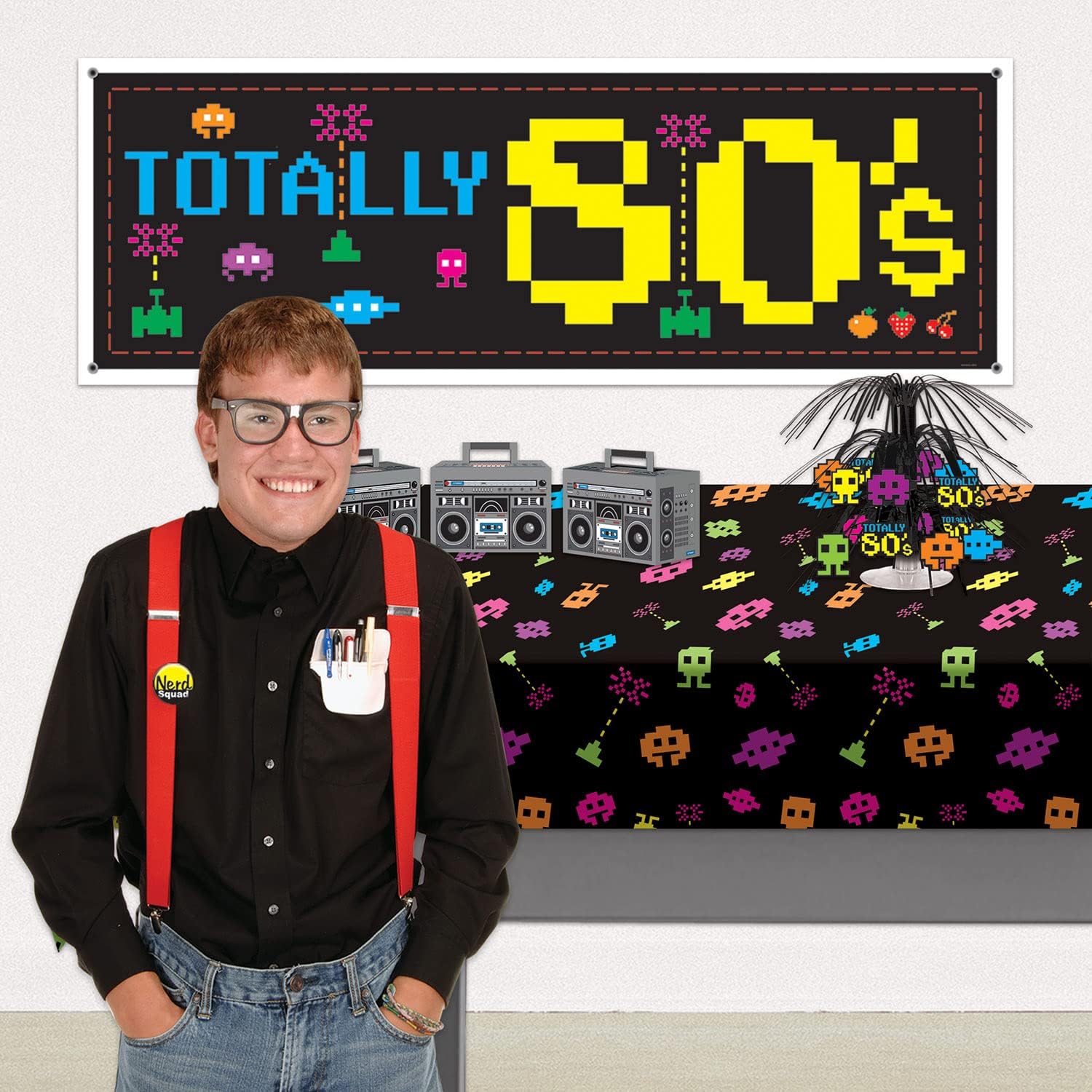 Beistle 80’s Tablecover, 54” x 108” – Plastic Table Cloth, Rectangular Tablecloth, Table Covers for Party, 80’s Party Decorations, Birthday Party Decorations, Video Game Party Supplies, Multi Color