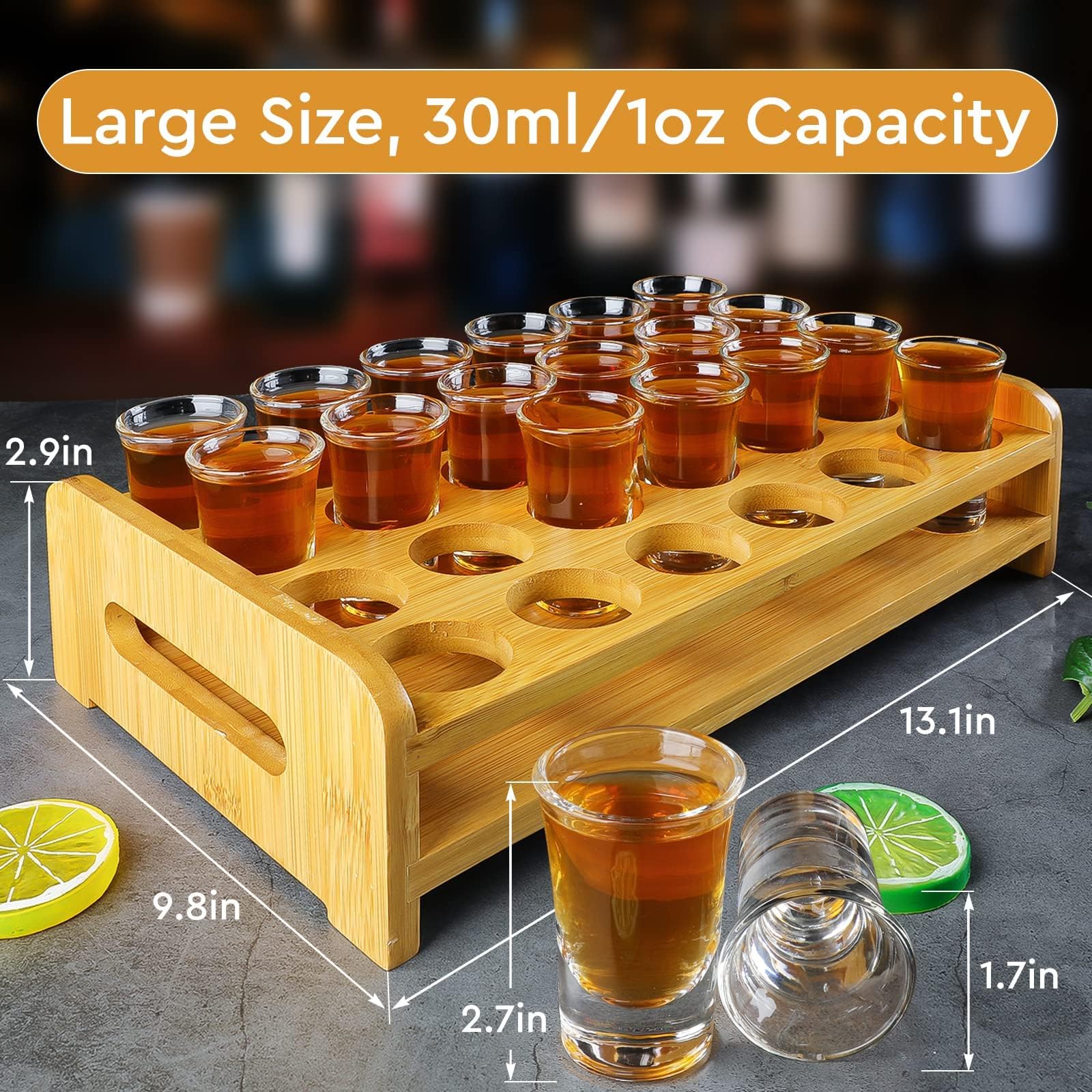 Zestaw 24 dużych kieliszków do shotów i uchwytów, 30 ml, taca na kieliszki z grubą podstawą, przezroczyste szkło, na imprezę, do klubu, baru, domu, restauracji, kuchni, naczynia barowego, wyroby
