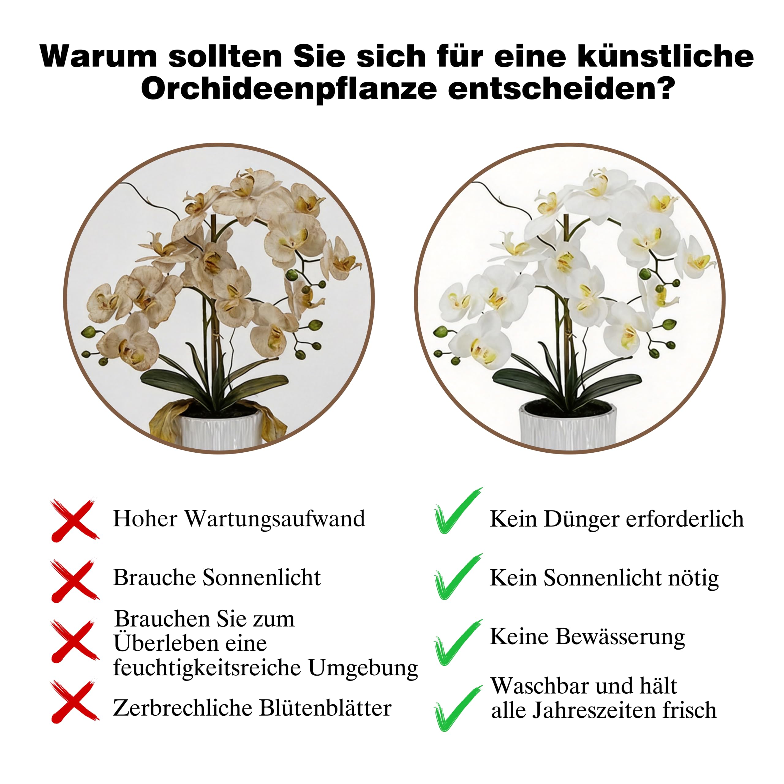 21" 53cm künstliche Orchideenblüten fühlen sich echt an, gefälschte Orchideen-Phalaenopsis-Pflanze im Keramiktopf Kunstorchideen-Seidenblumenarrangement für Heimbüro-Tisch-Badezimmer, doppelte Stiele
