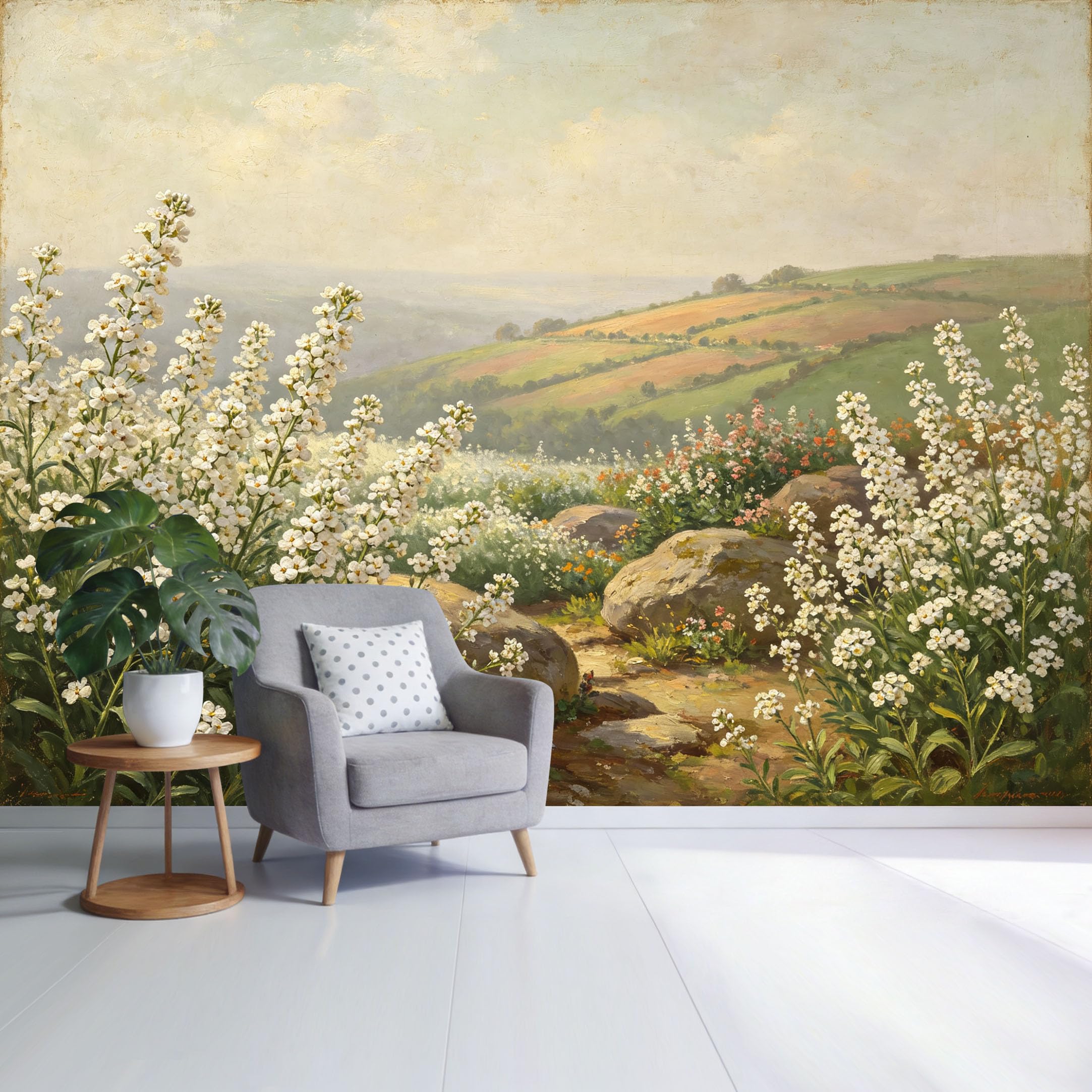 Custom Size Wall Mural Countryside Landscape Wildflower Meadow with Rolling Hills and Rocks Botanical Oil Painting Style SelfAdhesive Wall Fabric Removable Wallpaper for Home Office Decor