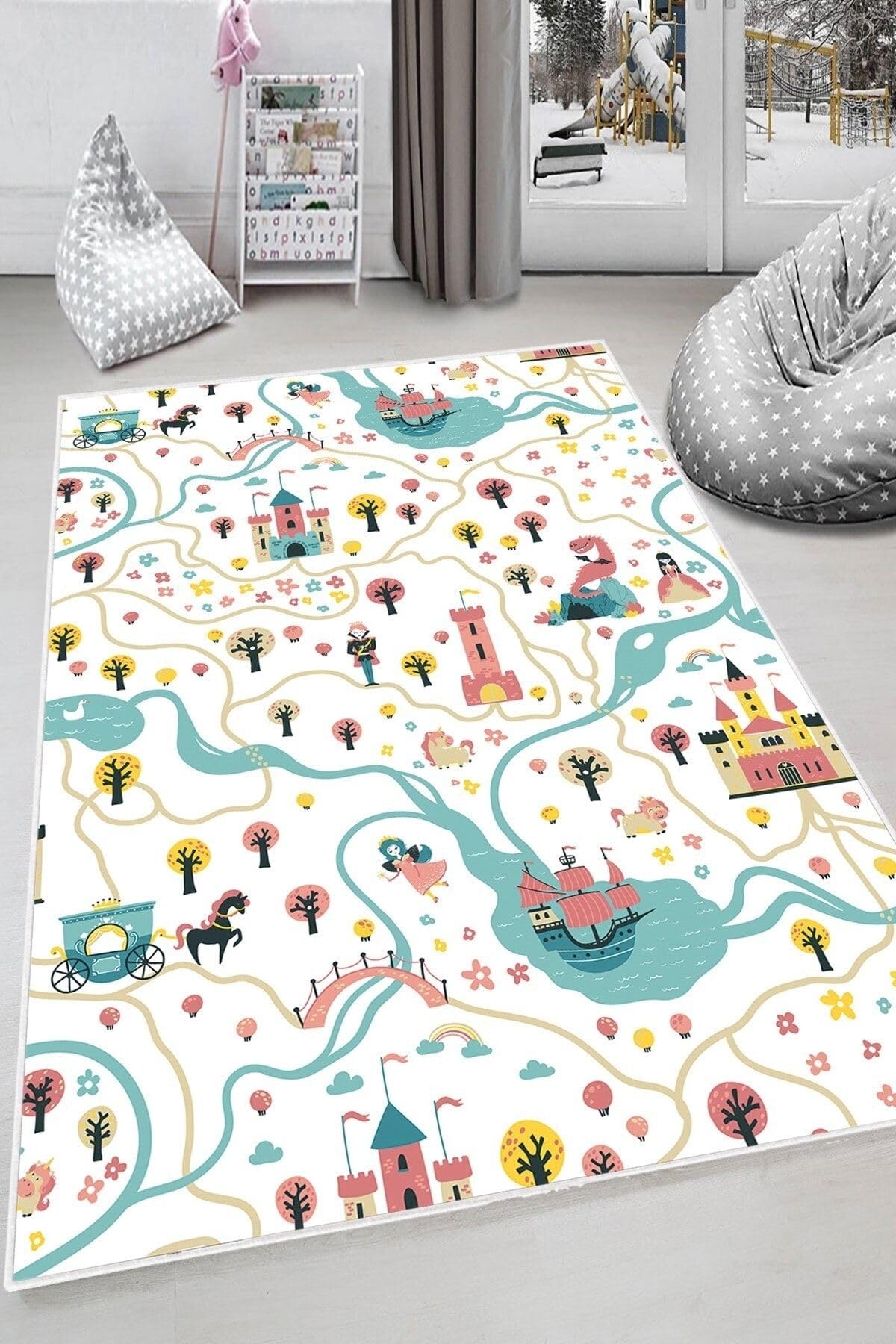 Pelangi Beyaz Şato Desenli Yıkanabilir Kaymaz Taban Leke Tutmazbebek Ve Çocuk Odası Halısı, Beyaz-Mavi 120 x 160