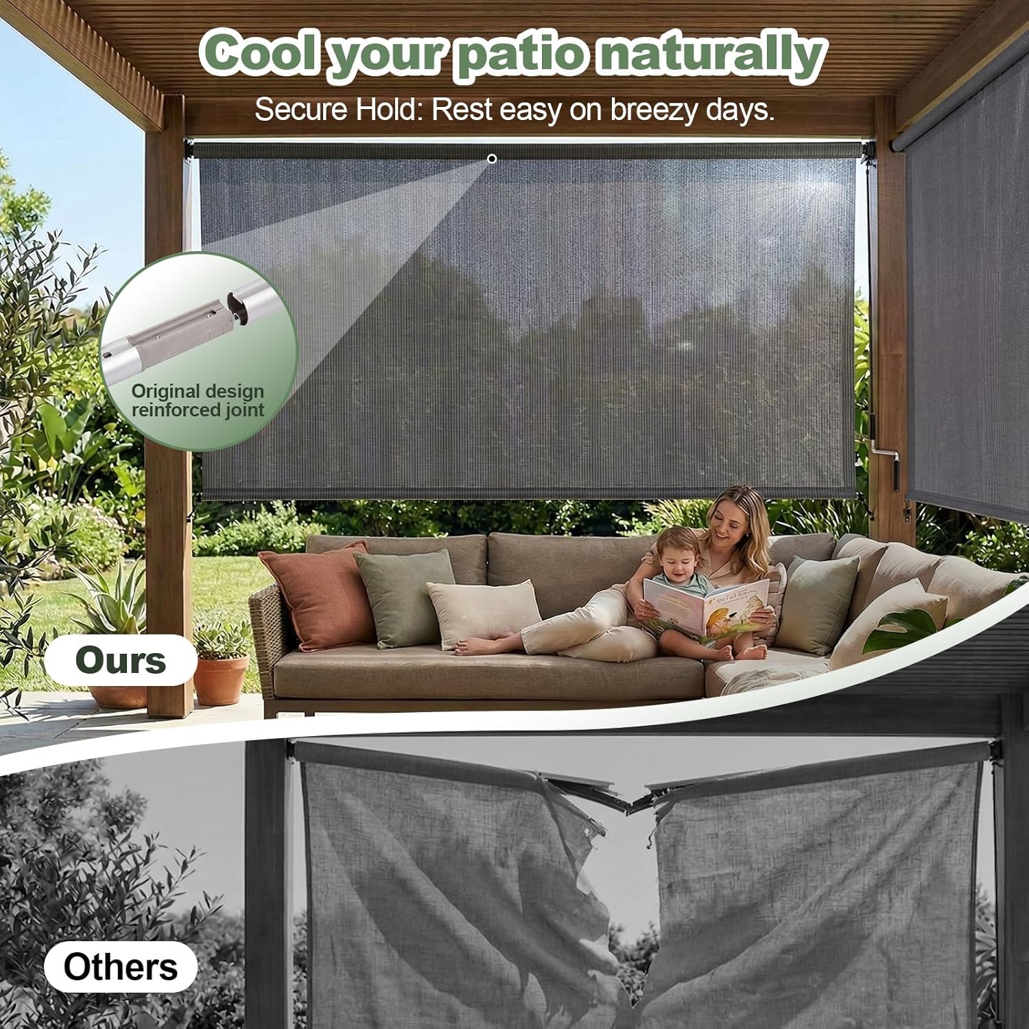 MEOOEM 7'W x 8'H Outdoor Roller Shade, Cordless Exterior Patio Blinds with Crank Wand, 95% UV Block Privacy Sun Shade 200GSM HDPE for Pergola Gazebo Porch Deck, Light Gray