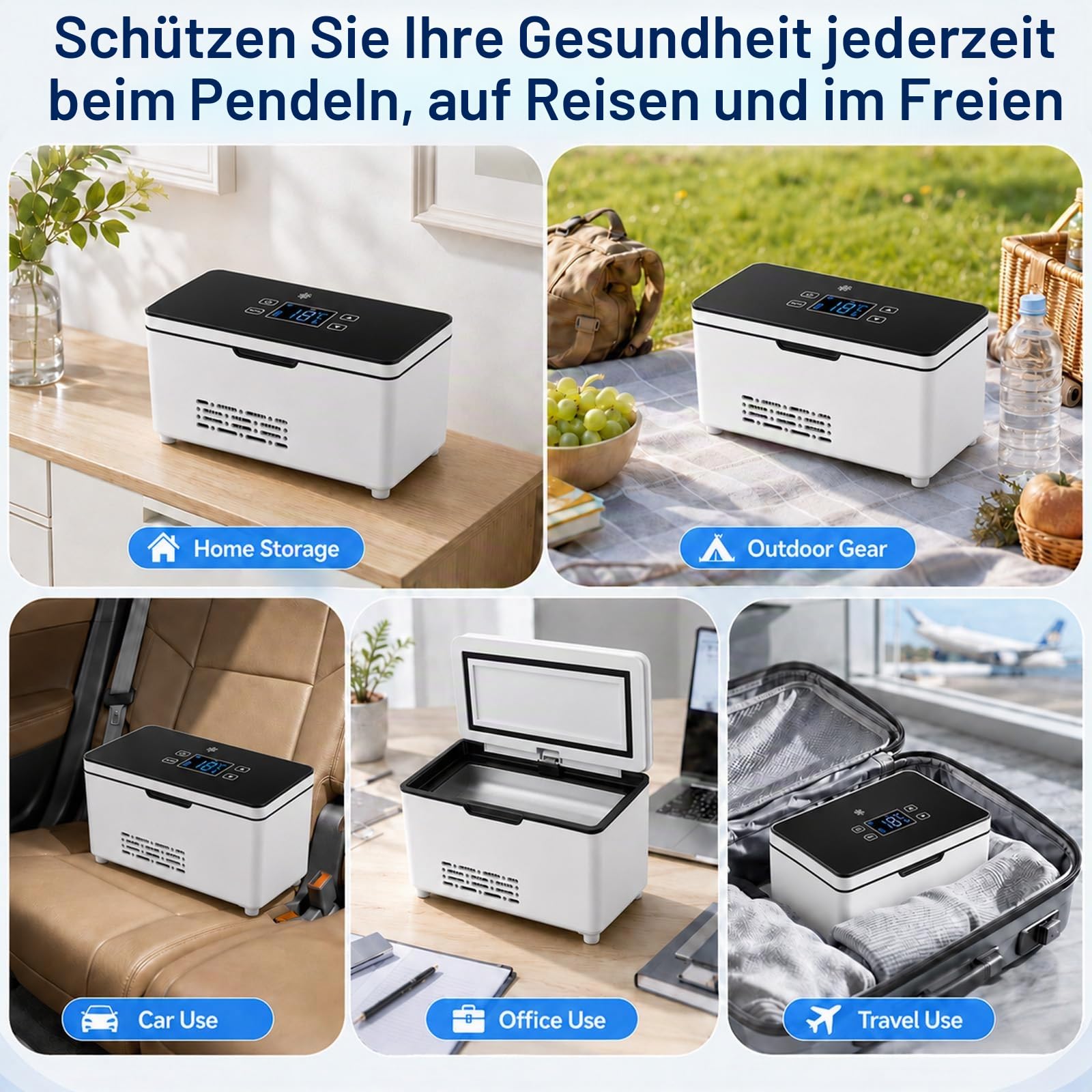 Akku Tragbare Kühlbox Elektrisch, Mini Medikamenten Kühlbox für Insulin & Peptide, LED-Anzeige 0-18°C Einstellbar, Mit Zwei 10600mAh Akkus für Zuhause Reisen Auto