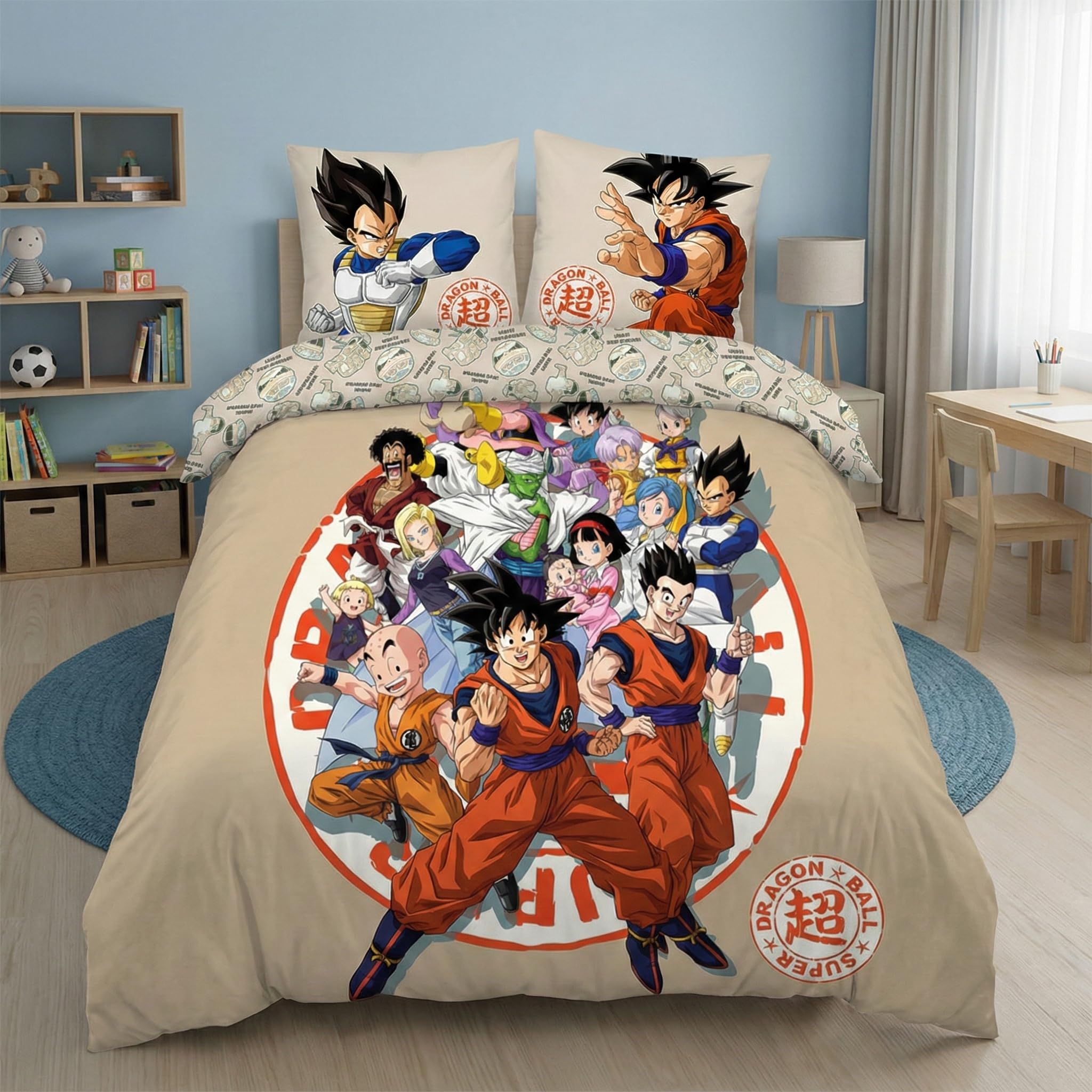 Aymax Parure per Letto Matrimoniale Dragon Ball Super, 2 Persone, Copripiumino Reversibile 240 x 220 cm + 2 Federe 65 x 65 cm, Beige, Policotone