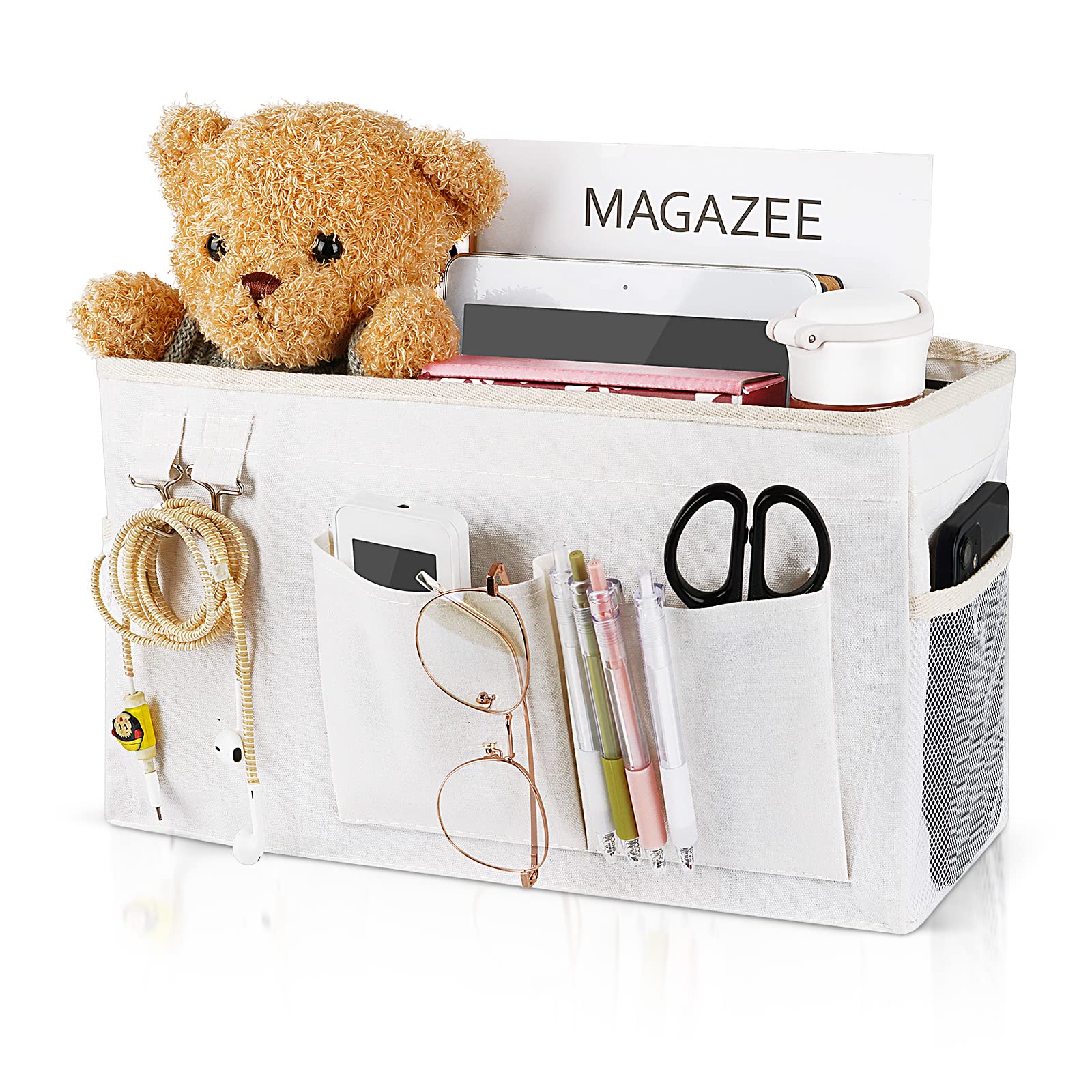 Frjjthchy Bedside Caddy Bedside Organizer Hanging Storage Bag for Bunk College Dorm Bed and Hospital Beds with Magazine Water Bottle Phone Holder (White)