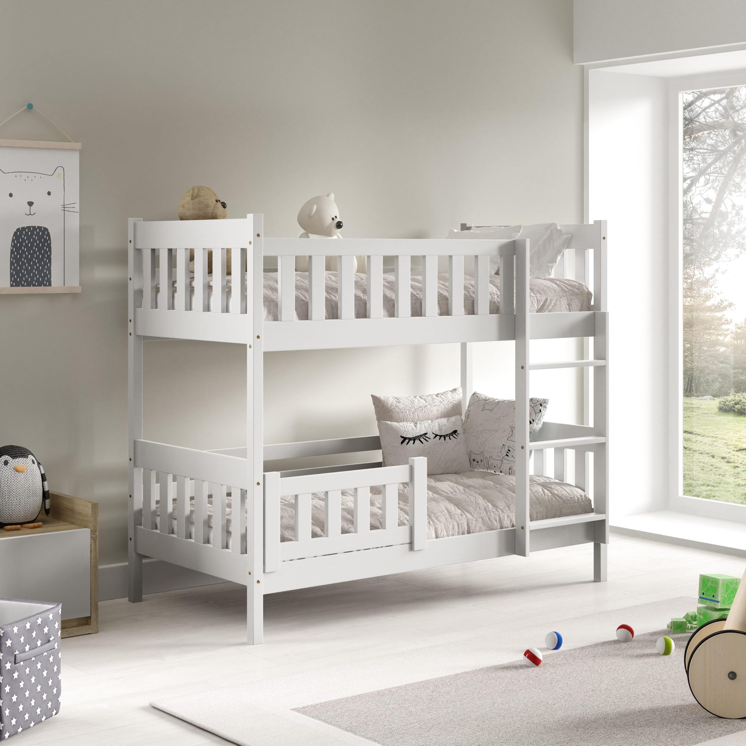 Masseno Etagenbett Lucia 80x160 Weiß, Hochbett mit Treppe, Jugendbett mit Rausfallschutz & Lattenrost, Kinderbett