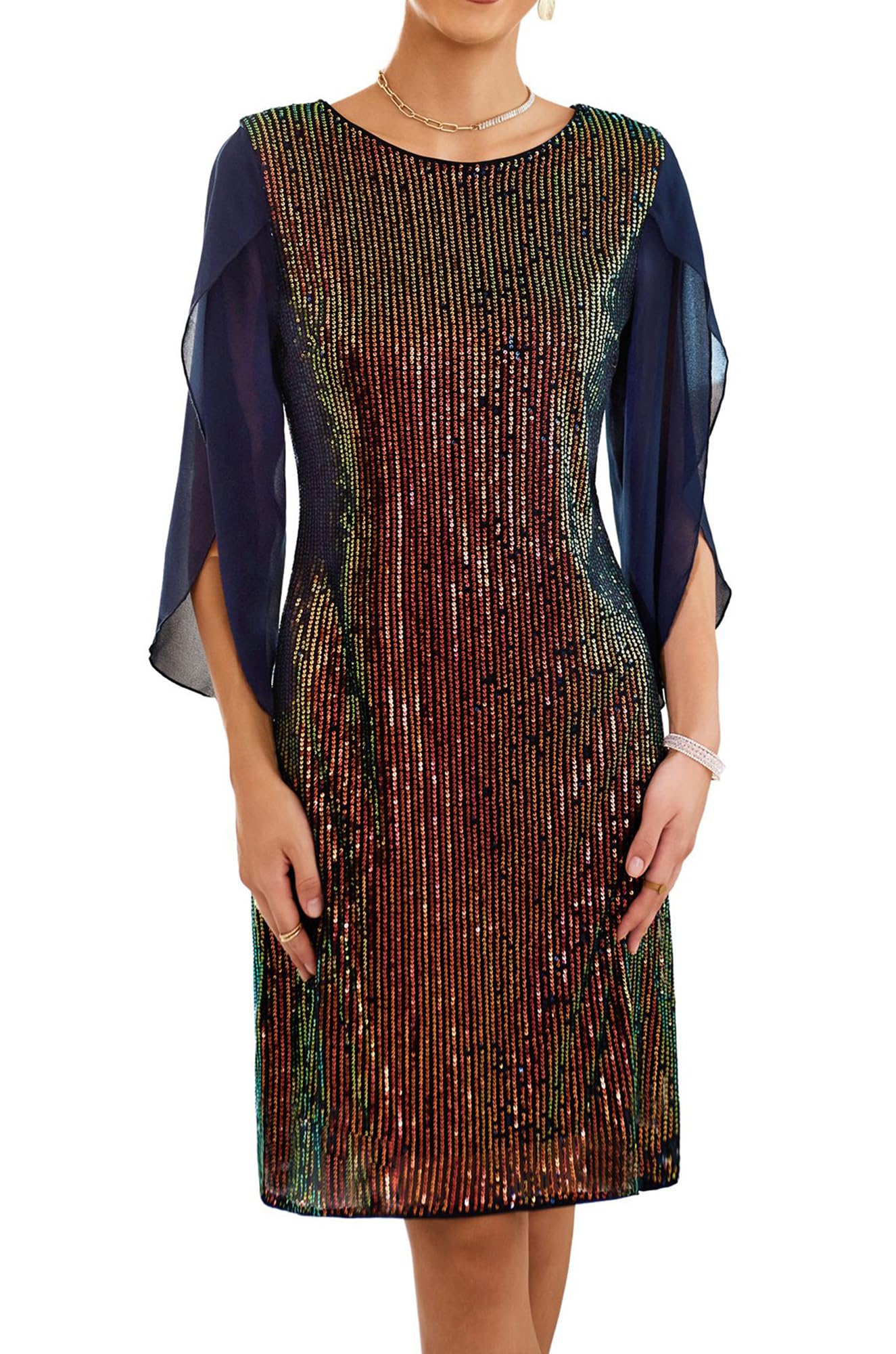 GRACE KARIN Vestido Mujer Vestido Elegante Lentejuelas Manga Gasa Transparente en Cuello Redondo