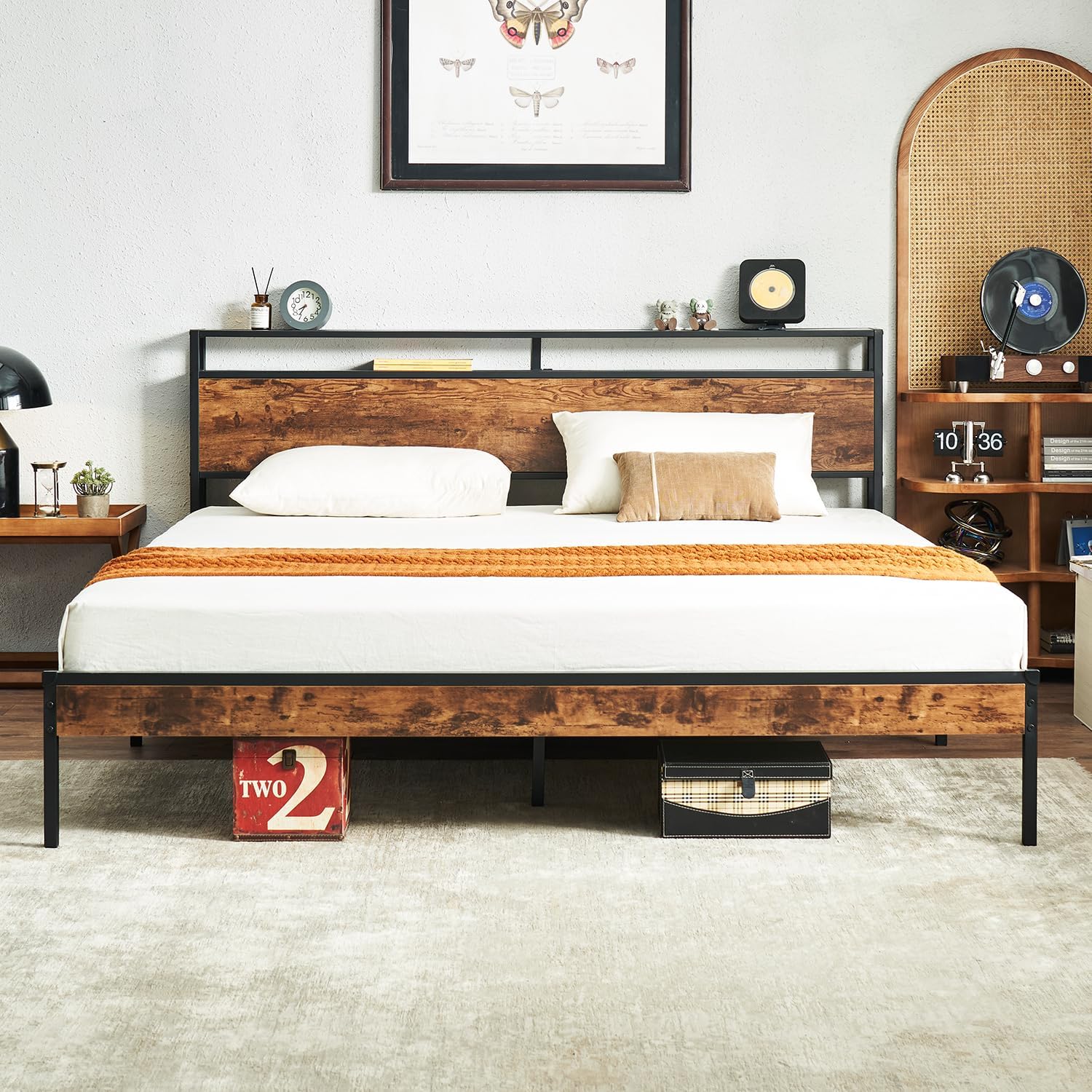 Virabit King Bed Frame with Headboard, Bed Frame King Size with Charging Station, No Box Spring Needed, Steady and Noiseless, Easy Assemble.(Brown)