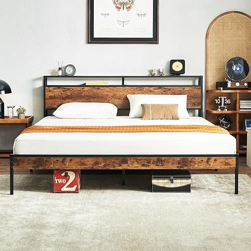 Miniatura 7 de Virabit Base de cama de metal tamaño King con cabecero, base de cama de plataforma King con estación de carga y estribo de madera, no necesita