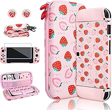 Strawberry Theme Carrying Case Set for Nintendo Switch OLED, Cute Accessories Bundle for Switch OLED with TPU Protective Shell, Adjustable Shoulder Strap, Screen Protector and 2 Thumb Caps
