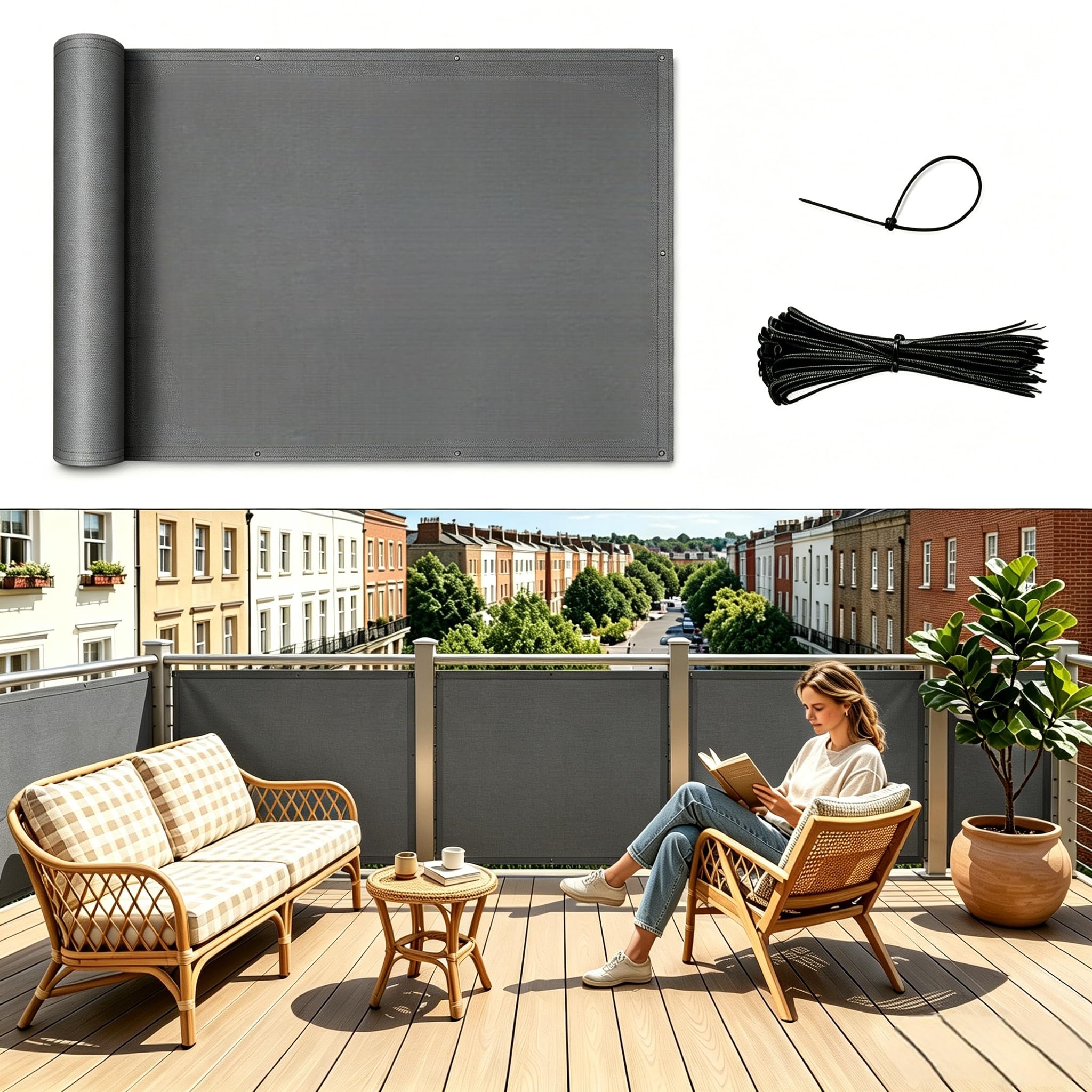 Amagenix Balkon Sichtschutz Wetterfest 100x500cm, Windfest Balkonverkleidung für Balkongeländer, Balkonumspannung mit Kabelbinder, Anthrazit