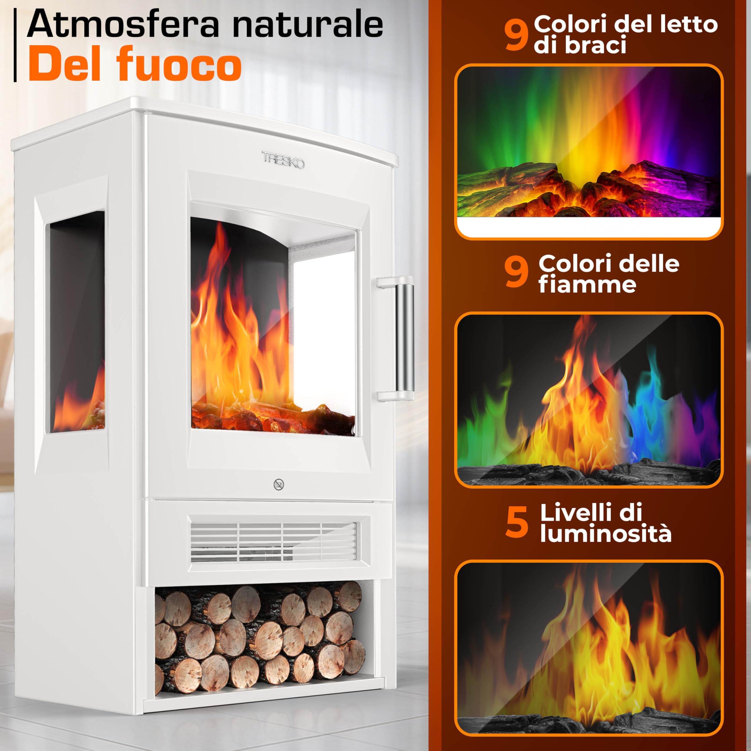 TRESKO Camino elettrico con riscaldamento con telecomando e app WiFi, camino elettrico, 1800 W, effetto fiamma a LED, modalità di colore, termostato, timer, stufa elettrica, camino, camino, 2 livelli