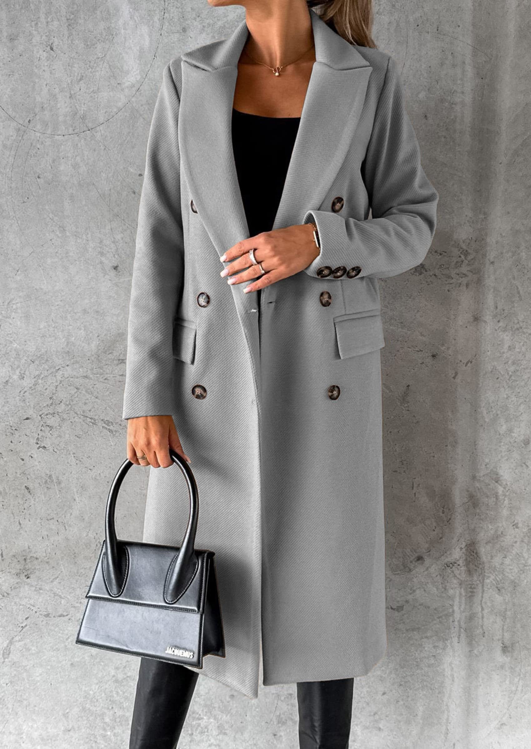 NLAVW Frauen Wollmantel, einfarbig Elegante Lange Übergangsmantel lässig locker Trenchcoat langärmelig Softshell Mantel Jacke Outwear Tops,Grau,M