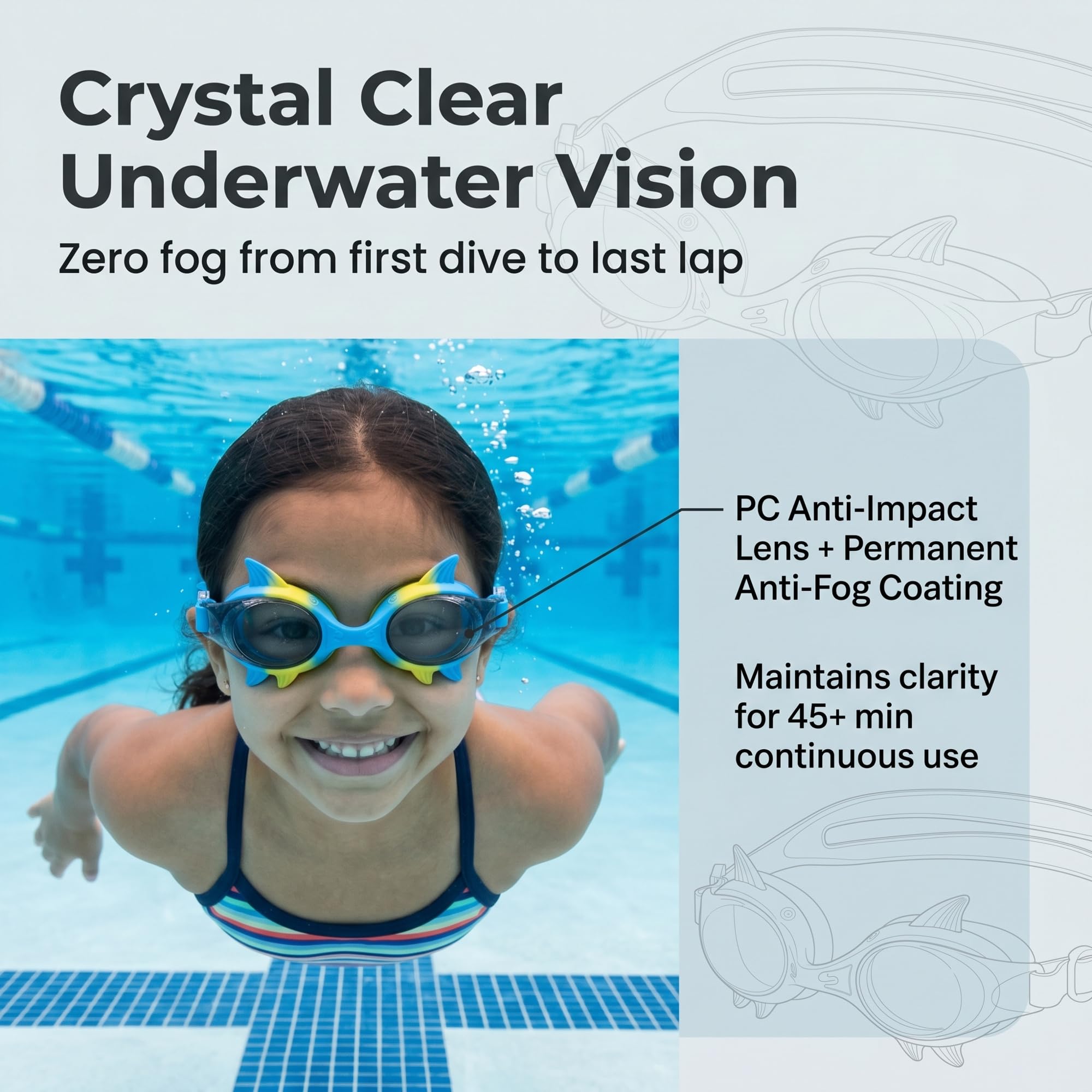 Gafas de Natación Niños con Diseño de Tiburón, Visión Gran Angular 180° HD, Antivaho y Protección UV, Unisex para 3-10 Años
