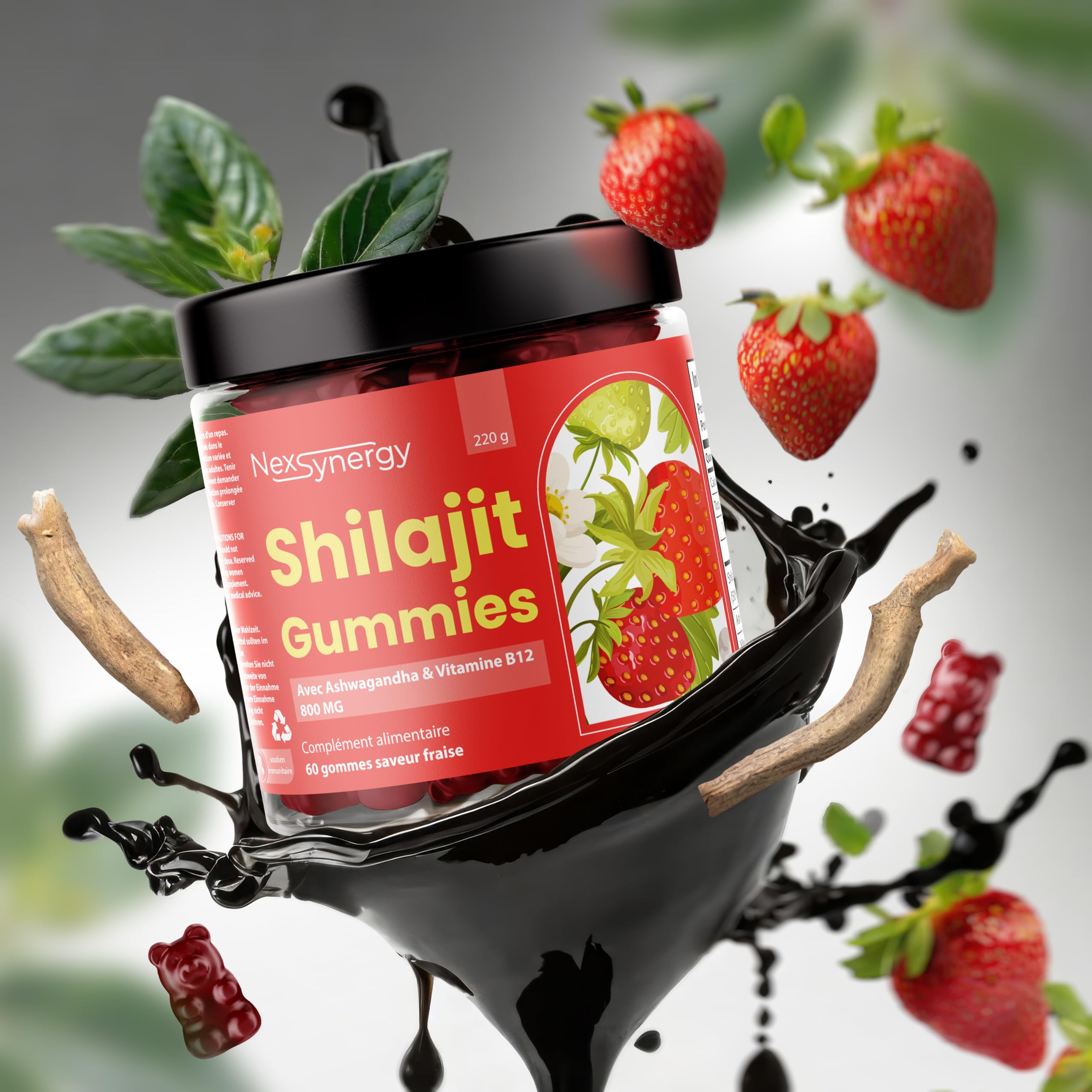 Gummies SHILAJIT avec ASHWAGANDHA et VITAMINE B12 | 800mg par Portion | 60 gommes Saveur Fraise | 50% d'Acide Fulvique | 100% Naturel, Végan et Sans Gluten