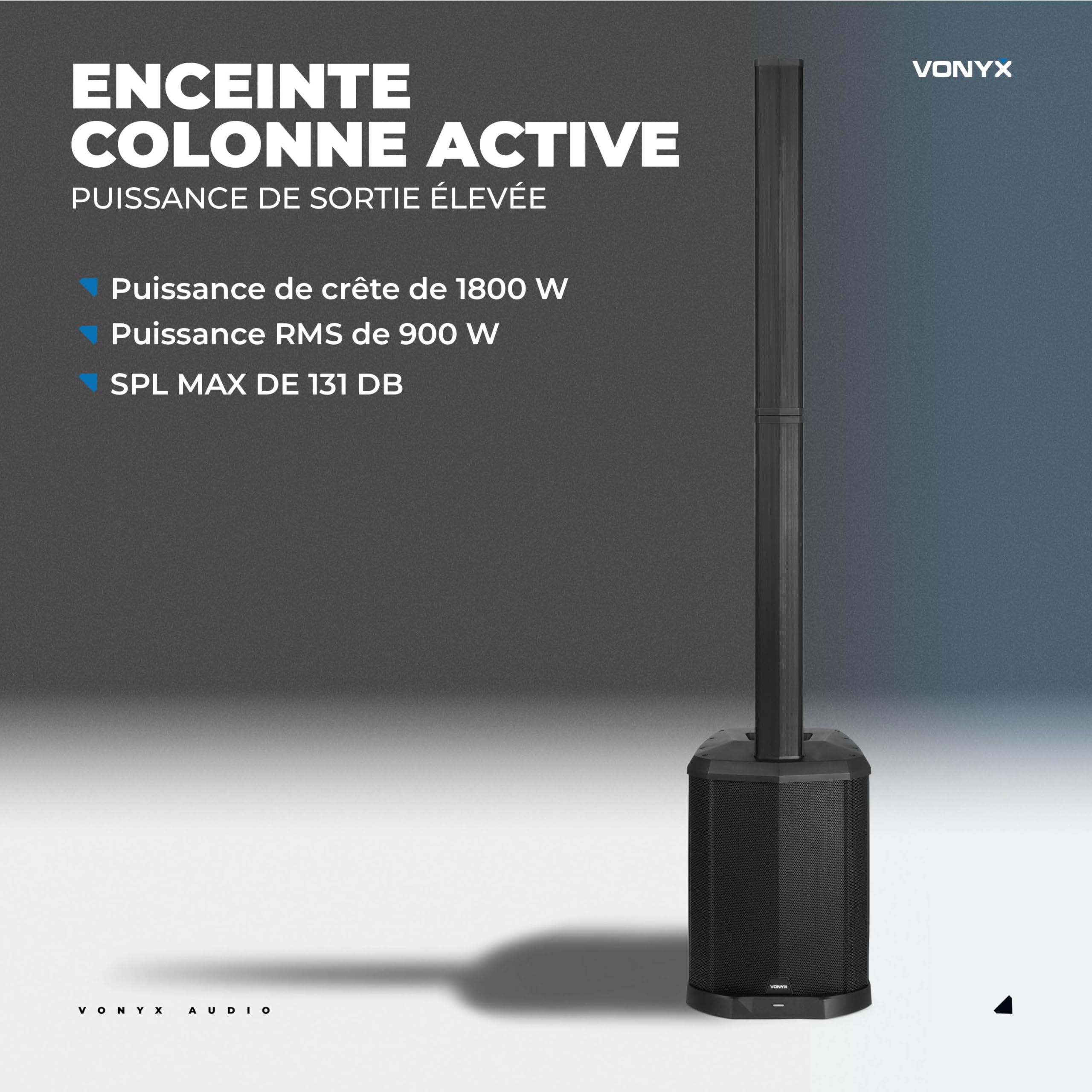 VONYX VX822 Enceinte Colonne Active 1800W avec Bluetooth et TWS, Caisson 12" et 8 Haut-Parleurs 3", DSP avec Préréglages, Entrées XLR Jack RCA, Écran LCD, Idéale pour DJ, Karaoké et Événements