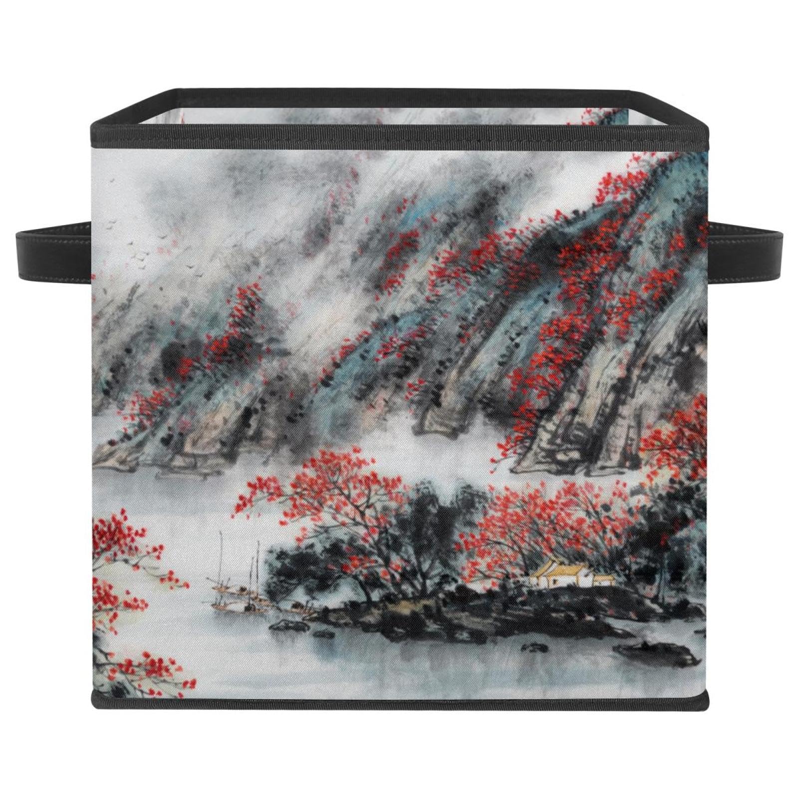 Boîte de rangement pliable cube en tissu motif peinture chinoise pour placard et maison