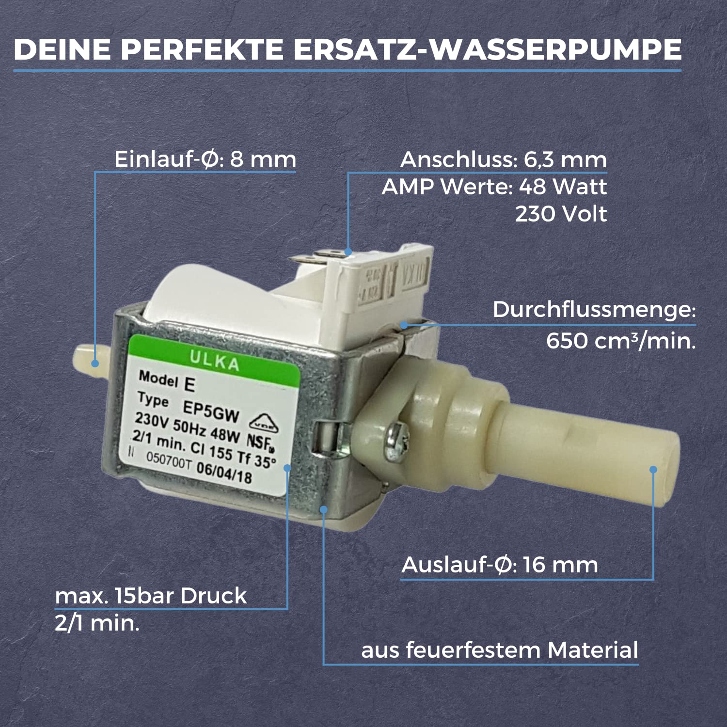 LICHTBLAU Pumpe ULKA EP5GW 996530007753 12000140 5035151 48W | Feuerfeste Wasserpumpe passend Philips Saeco DeLonghi Miele Krups
