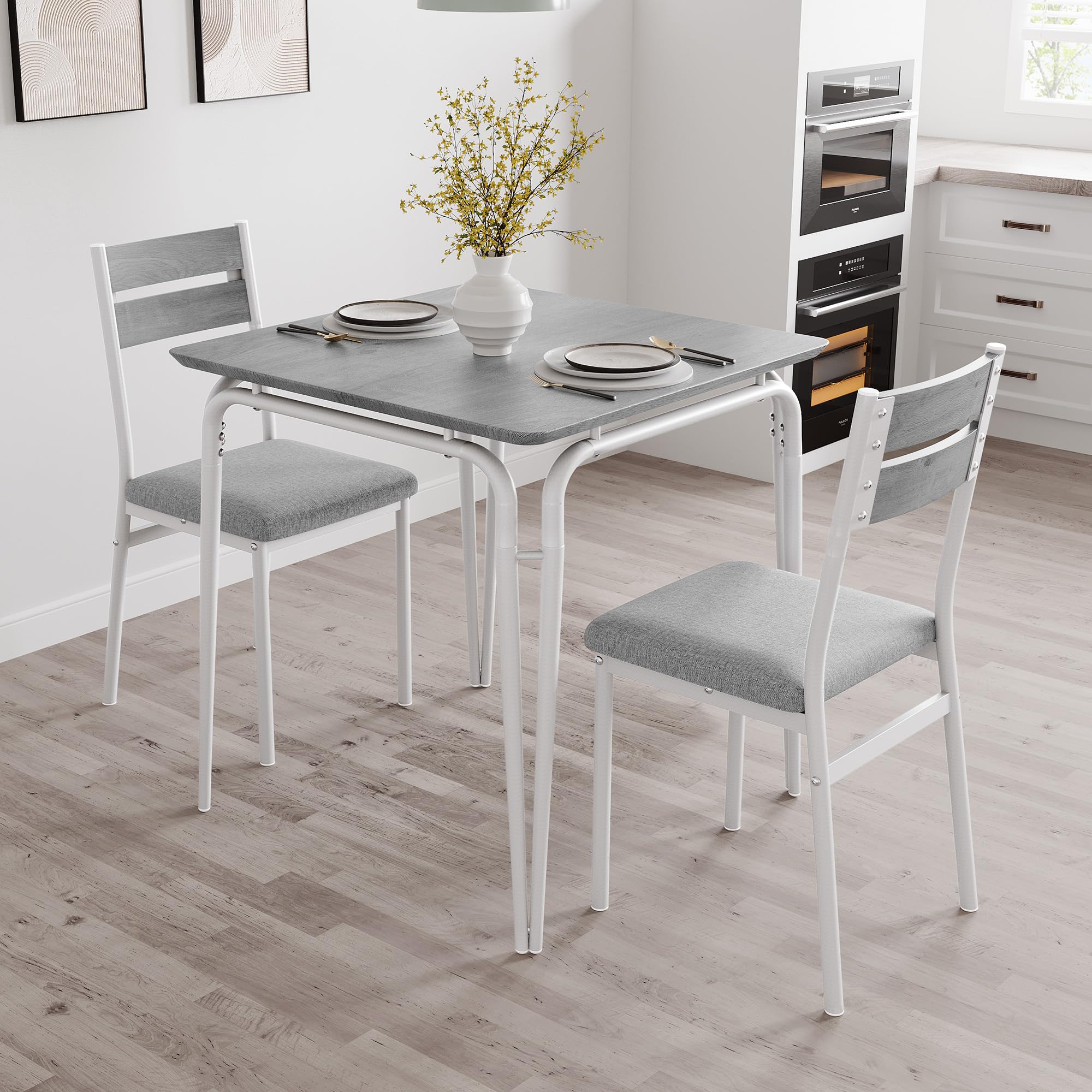 3-Teilige Essgruppe Für 2 Personen, Kleiner Esstisch Mit 2 Stühlen Sitzgruppe, Quadratischer Küchentisch Mit Metallgestell Esszimmergruppe, Für Küche, Wohnzimmer, Apartment, Waschgrau