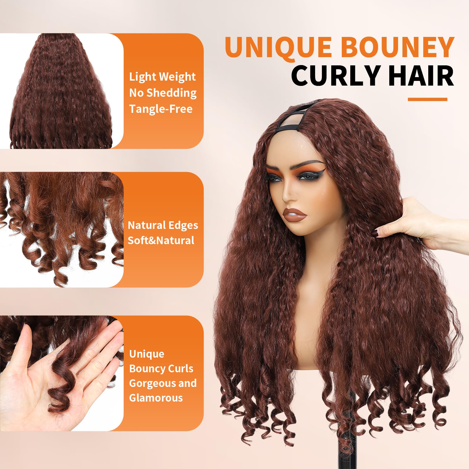 Yacurcur Afro Wig V Part Kinky Curly Wigs for Black Women 180% Density Wear and Go Glueless Wig with Unique Bouncy Curls in the End Synthetic Reddish Brown No Leave out Clip in 24 Inch(#33L) - Image 4