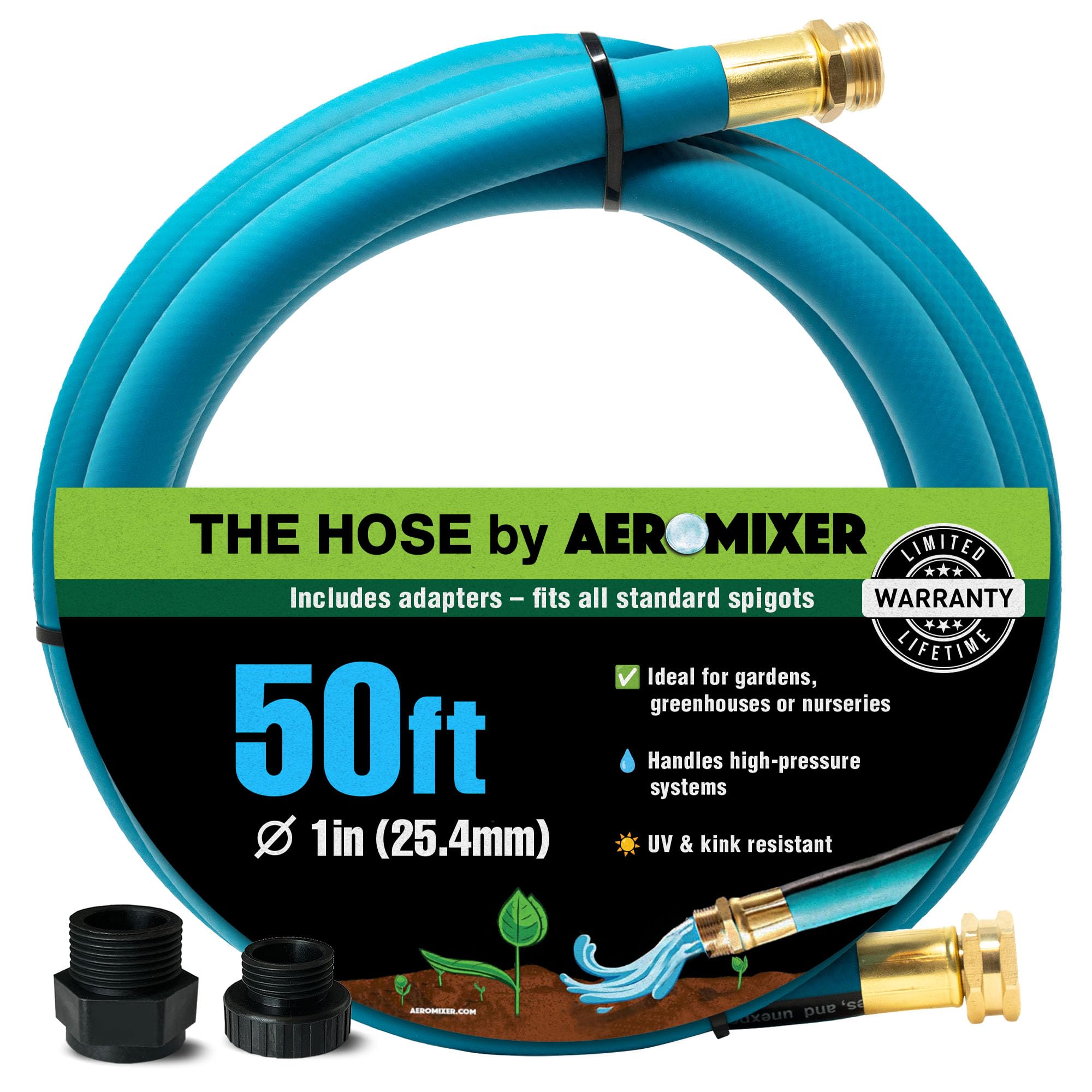 Aeromixer THE HOSE - 1 Inch Garden Hose 50 Ft with Adapter Set