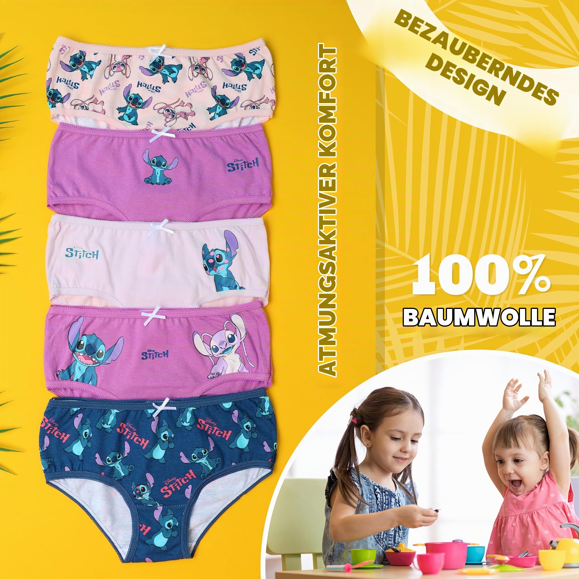 Disney Stitch Unterwäsche Unterhosen Mädchen, 100% Baumwolle Slips Kinder 5er-Pack - Stitch Sachen