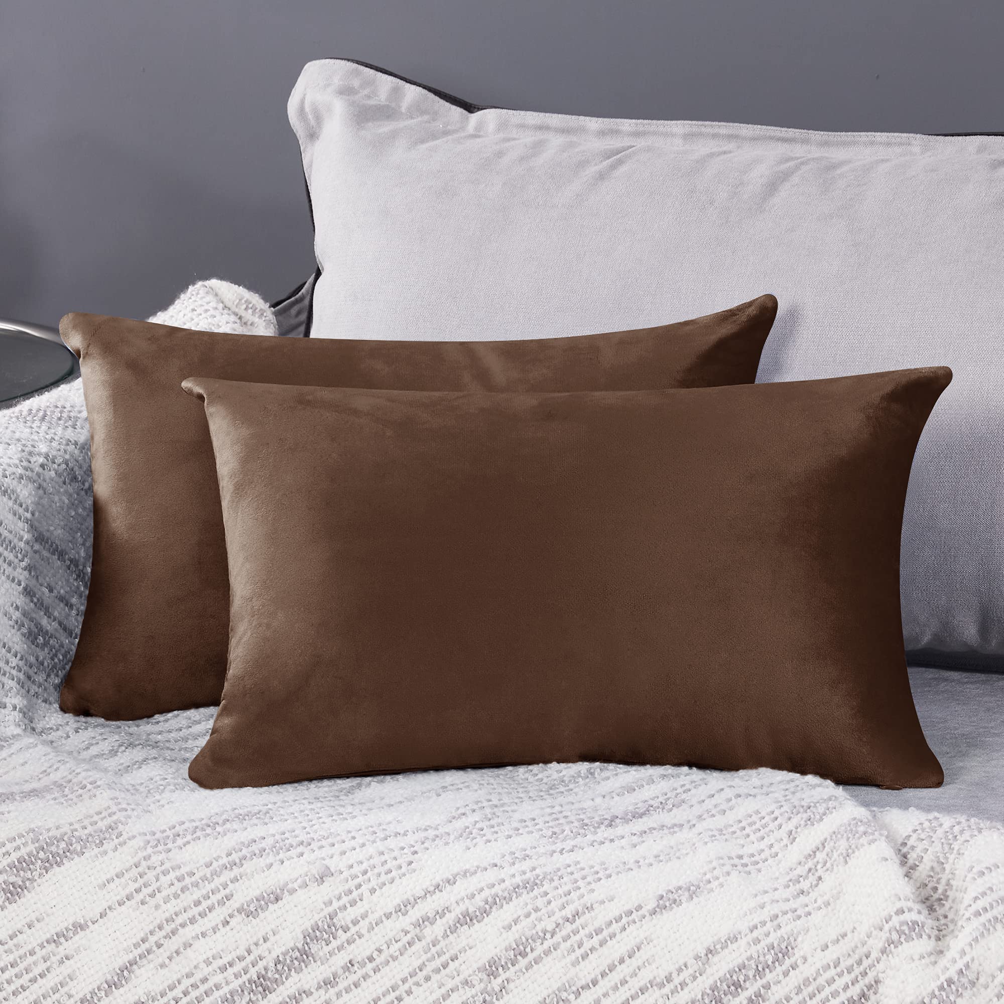 Deconovo Set of 2 Crushed Velvet Cushion Covers 30cm x 50cm 12x20 Inches Rectangular Throw Pillow Cases Cushion Covers for Bedroom with Invisible Zipper Chocolate