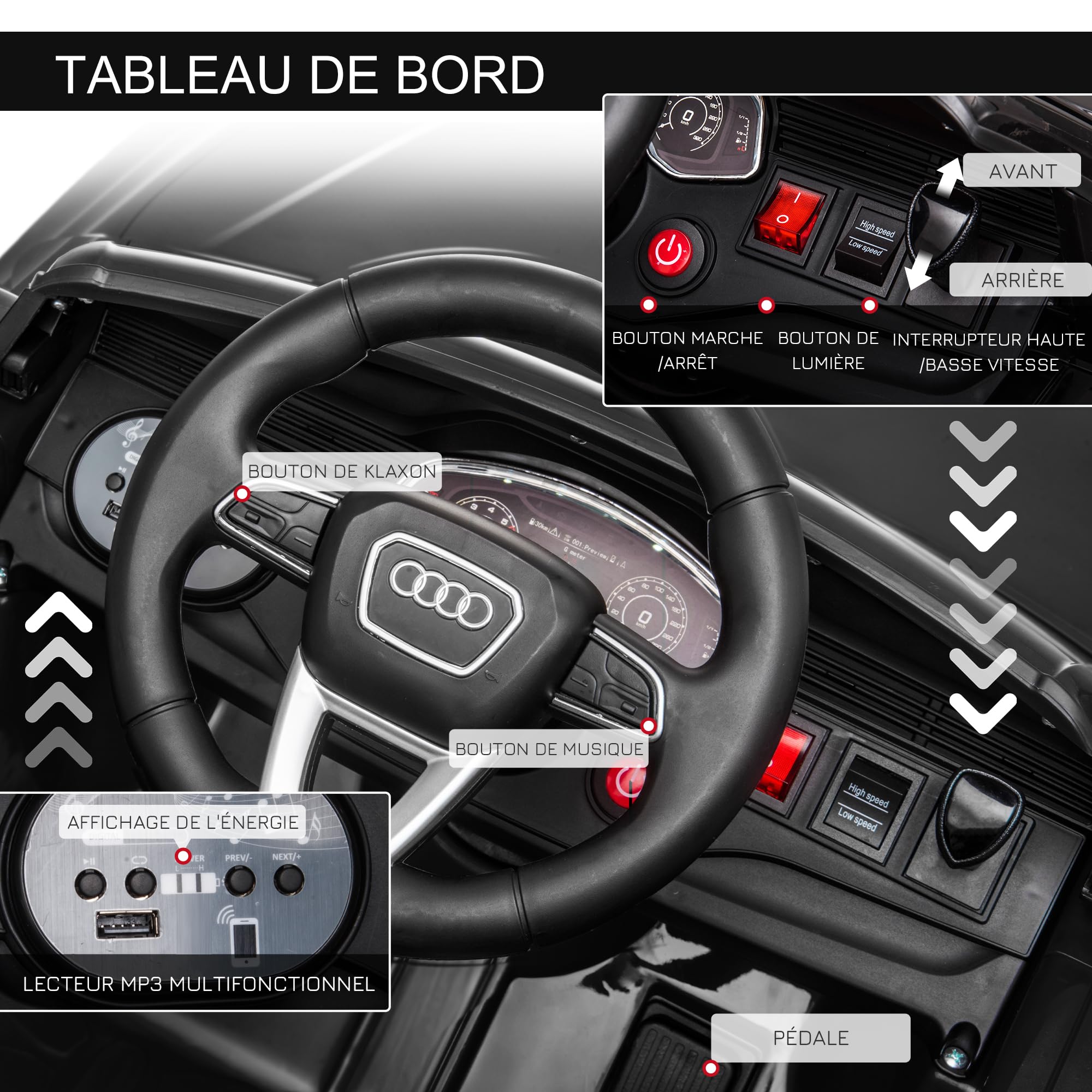 HOMCOM Voiture électrique Enfants sous Licence Audi RS Q8, Voiture à Batterie 6 V, véhicule électrique avec télécommande, USB, Musique, Bluetooth, pour Enfants de 3-5 Ans, Noir