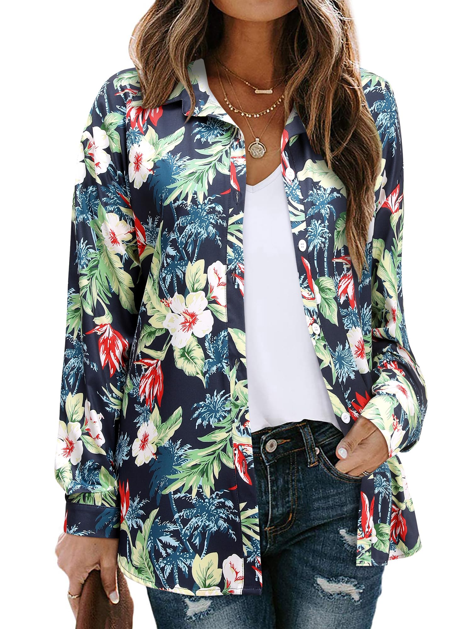 EzcosplayWomen Hawaiian Shirts Long Sleeve Button Down Tropical Floral Holiday Beach Blouse Tops