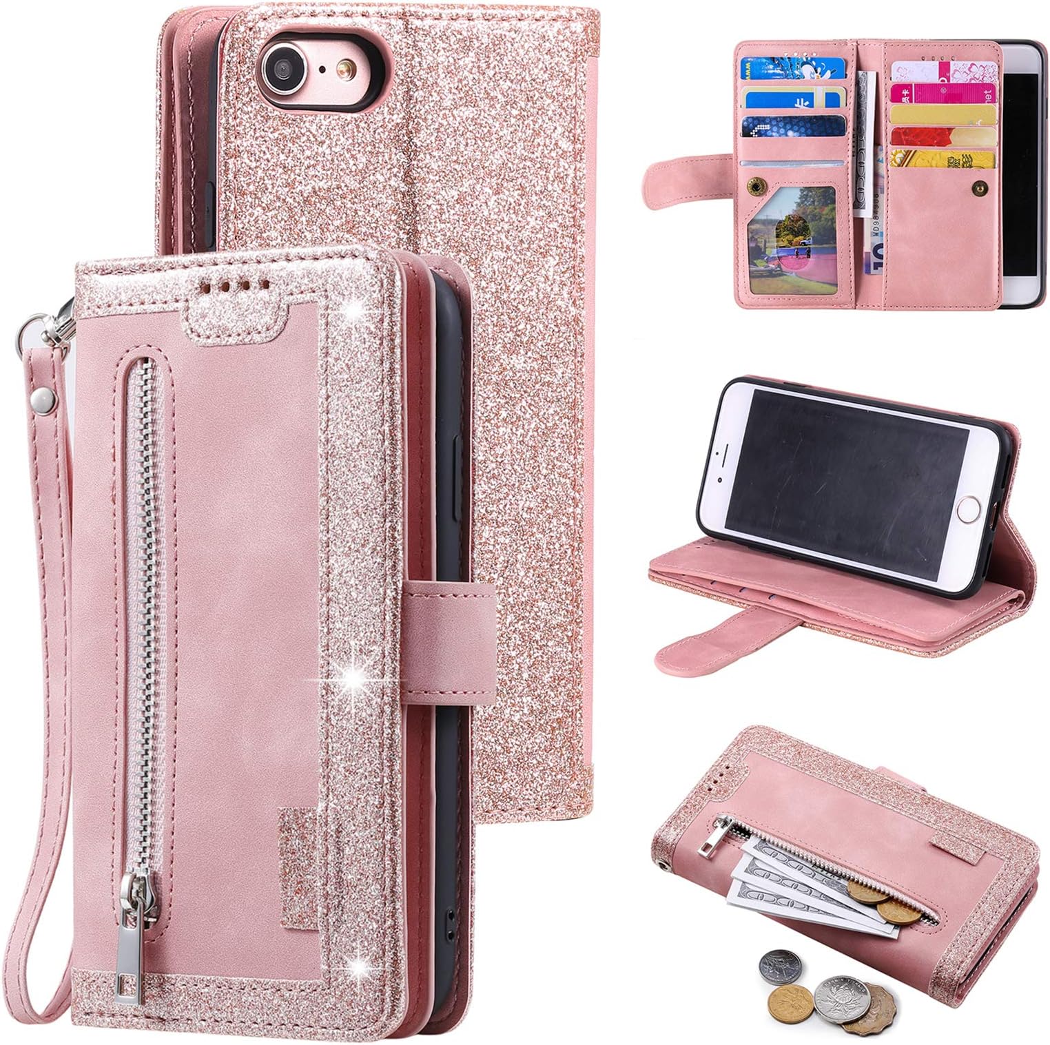 UEEBAIUEEBAI Wallet Case for iPhone 7/8/SE 2022 5G/SE 2020, 9 Card Holder Slots Zipper Pocket Handbag Case PU Leather Magnetic Kickstand Wrist Strap Flip Case for SE3/SE2-Rose Gold