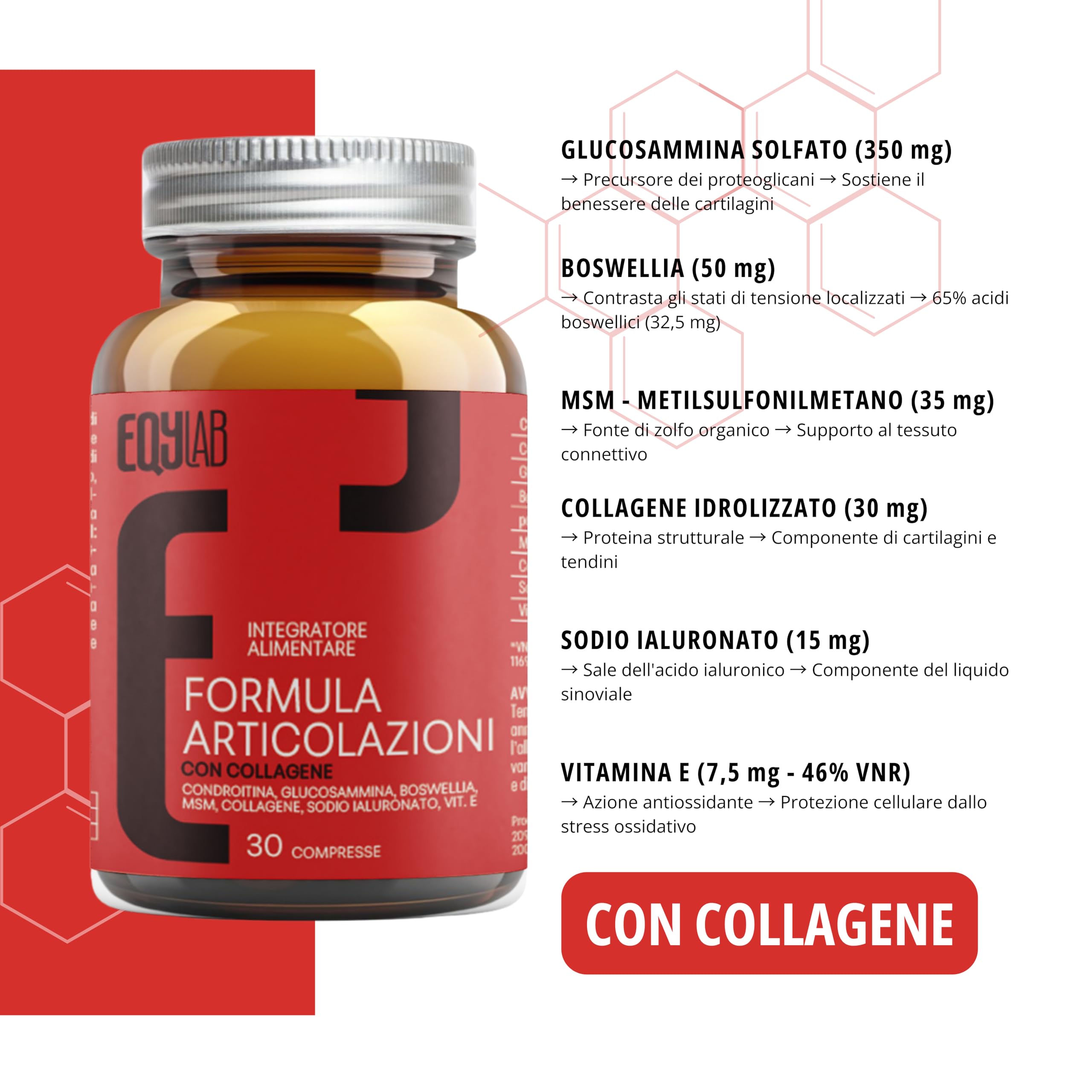 EQYLAB – Integratore Articolazioni con Condroitina, Glucosamina, MSM, Collagene, Acido Ialuronico e Boswellia per Mobilità e Benessere Articolare - 30 Compresse