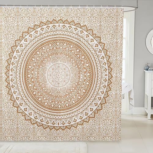 Juego de cortina de ducha con mandala hippie y mandala beige, cortina de ducha psicodélica para niños y adultos, cortinas impermeables indias