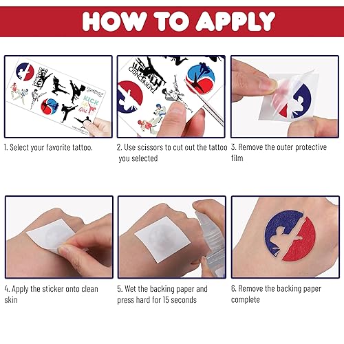 Miniatura 6 de 96 tatuajes temporales precortados de Taekwondo - Recuerdos de fiesta temática de karate y kung fu, lindos tatuajes falsos para niños, niños y