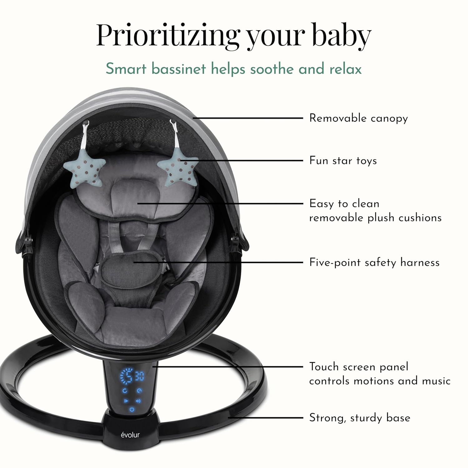 Evolur SootheSway Baby Swing, Black, Swing with Touch Screen Panel Controls Motions and Music, Five Point Safety Harness, Easy to Clean