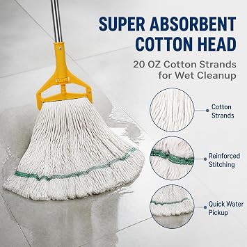 2 Pack 20 Oz Commercial Cotton Mop with 63 Stainless Steel Handle, Heavy Duty Industrial Wet Mop for Floor Cleaning, Commercial Grade Mop for Home, Office, Garage, Tile & Hardwood Floors