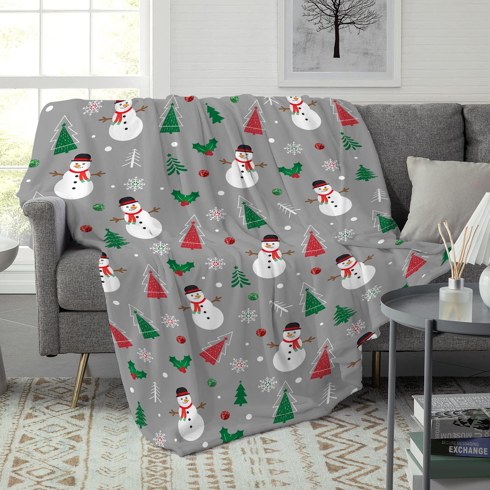 Abaysto Christmas Snowman Throw Blanket Grey Christmas Fleece Blanket Soft, Plush, Warm Winter Cabin Throw - Image 2