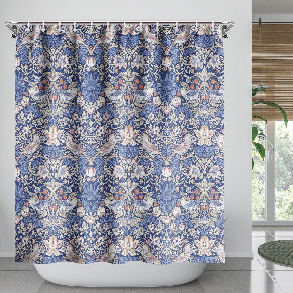 William Morris Abstract Art Hotel Shower Curtain, Blue Bathroom Floral Decor, Polyester Waterproof Fabric With 12 Hooks, 180x180cm - Image 3