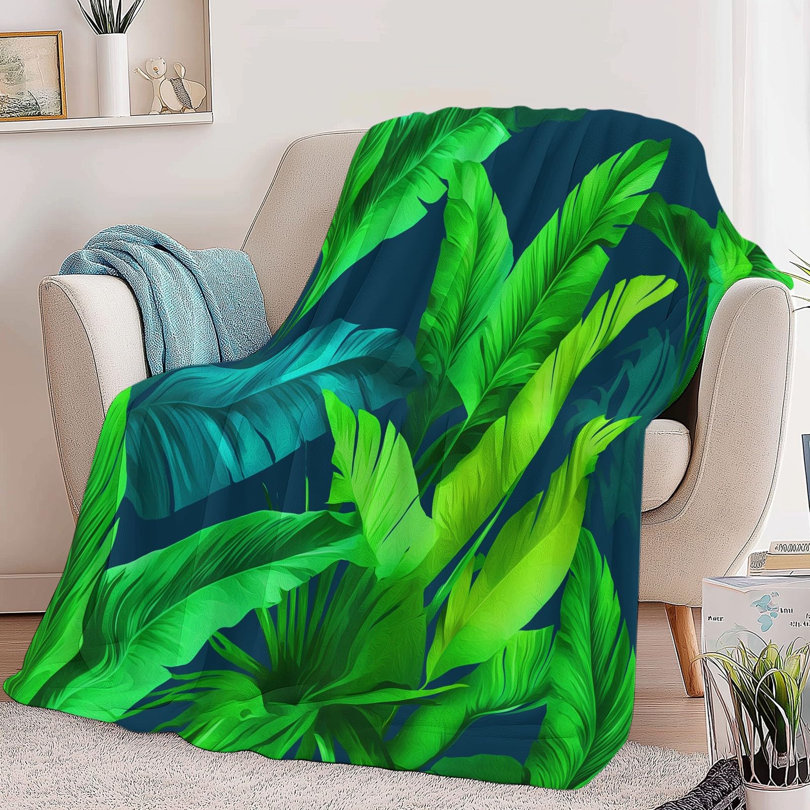 Coperta Plaid Pile in Flanella 180x220 cm Coperta Pile Piccola Foglie Della Giungla Tropicale, Morbida Soffice Calda Coperte per Divano Singolo Matrimoniale Letto Verde