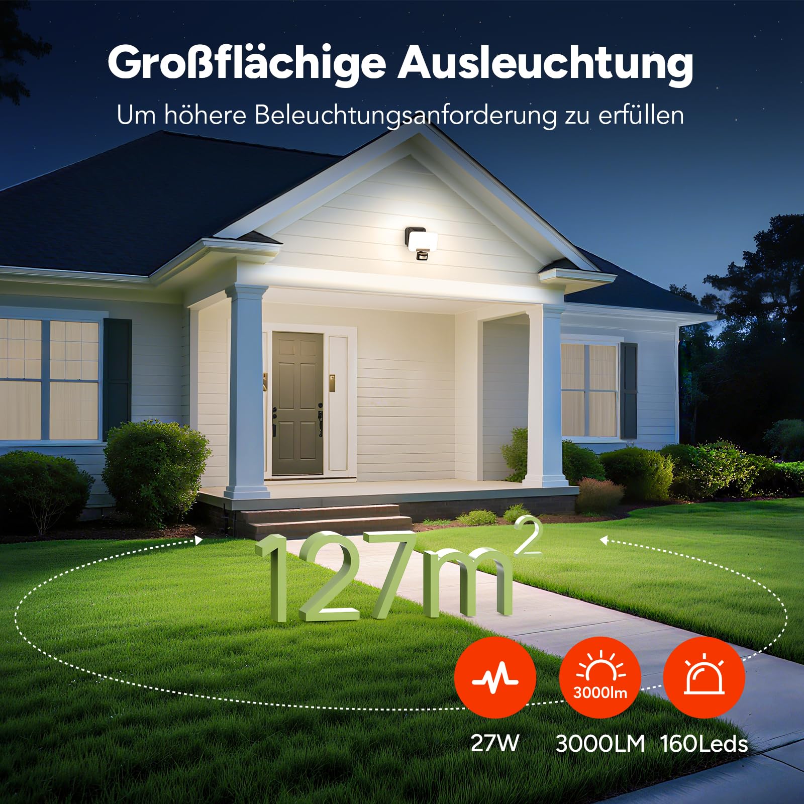 OREiN LED Strahler mit Bewegungsmelder Außen 3000LM 27W IP65 Wasserdicht Flutlicht für Garage Hof Haustür