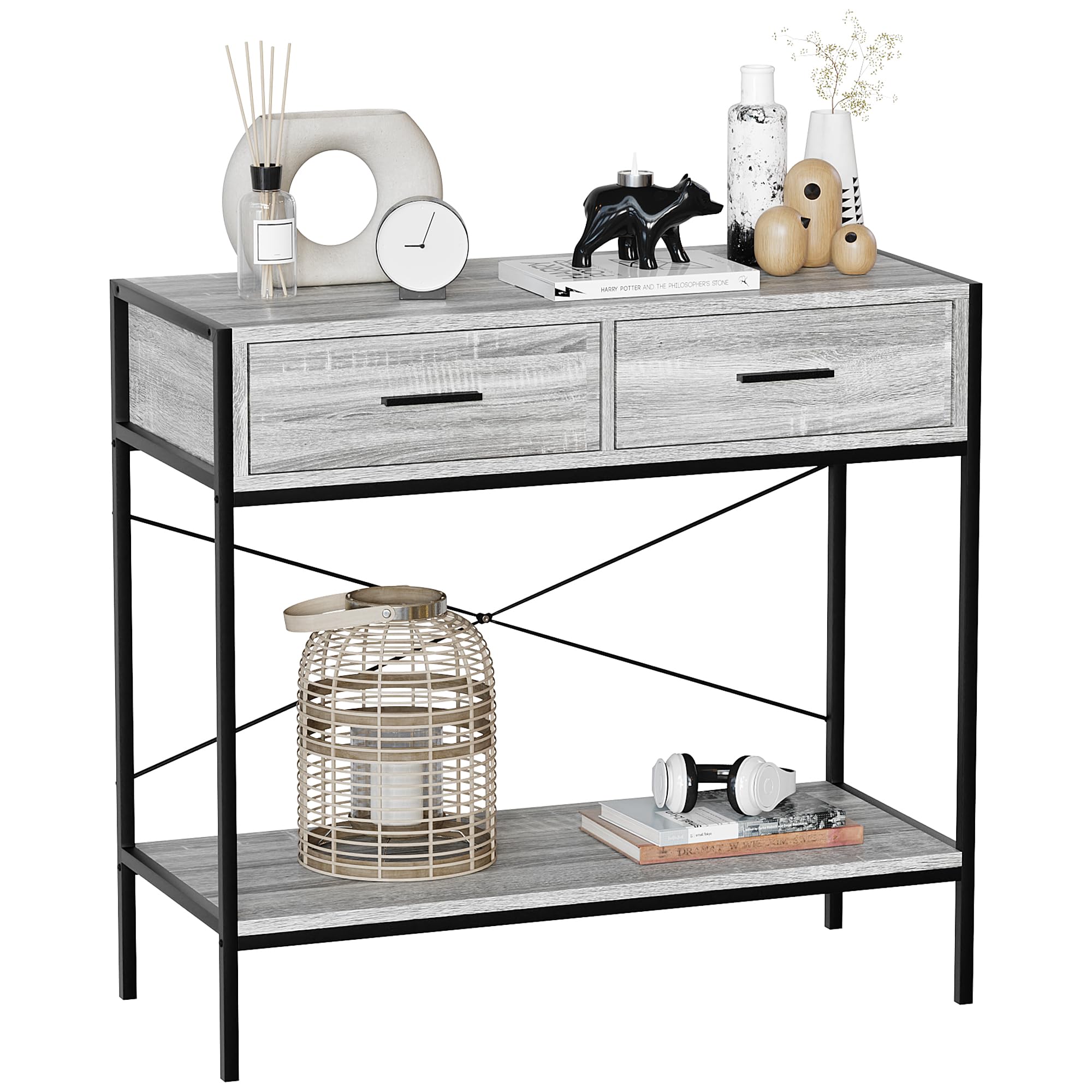 Vida Designs Brooklyn Console Table Hallway Living Room Rustic Shelf Industrial Storage Furniture (Grey, 2 Drawer)