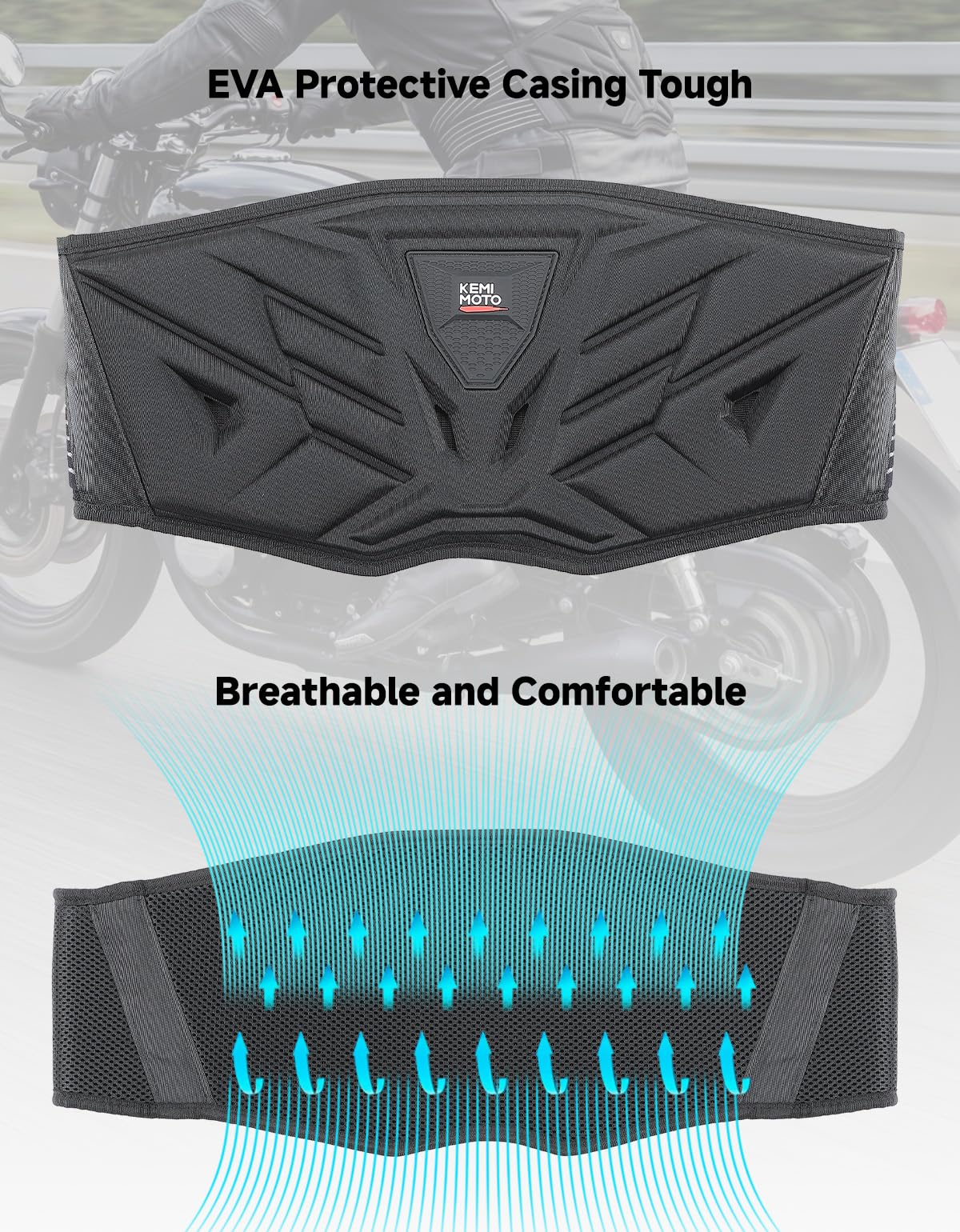 KEMIMOTO Fascia Lombare Moto Unisex, Supporto Lombare Elastica con Guscio Rigido in EVA, Cintura Lombare Traspirante Regolabile per Motociclismo, Ciclismo