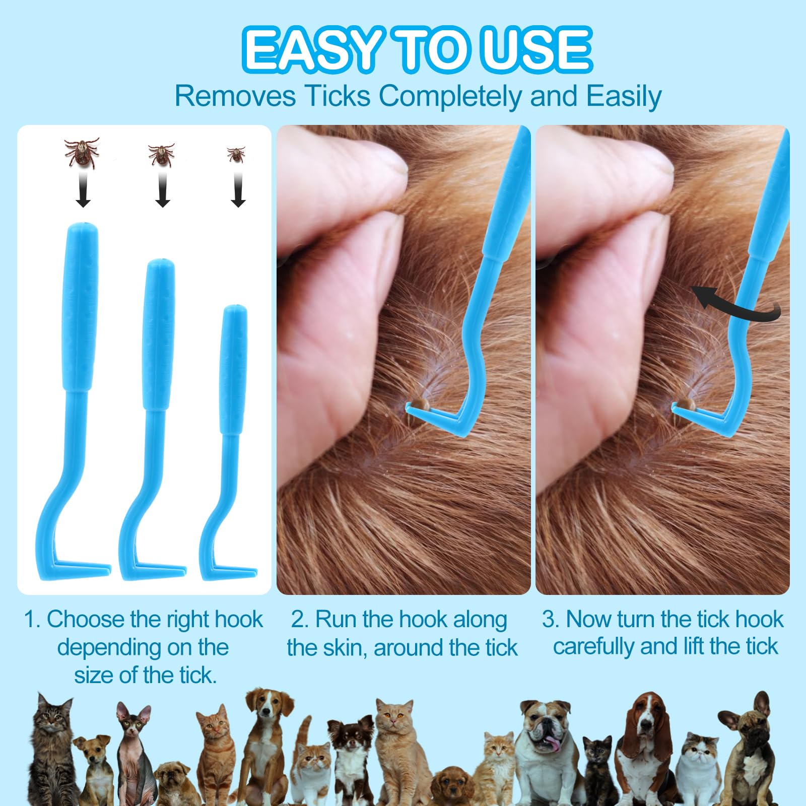 VFANDV Tire Tique pour Chiens, 3 Tailles Set Tire Tique, Crochet à Tiques, Pince à Tiques, Parfait pour Tout Kit d'urgence Tiques, Retireur de Tiques Fiable pour Chiens, Chats, Chevaux et Hommes