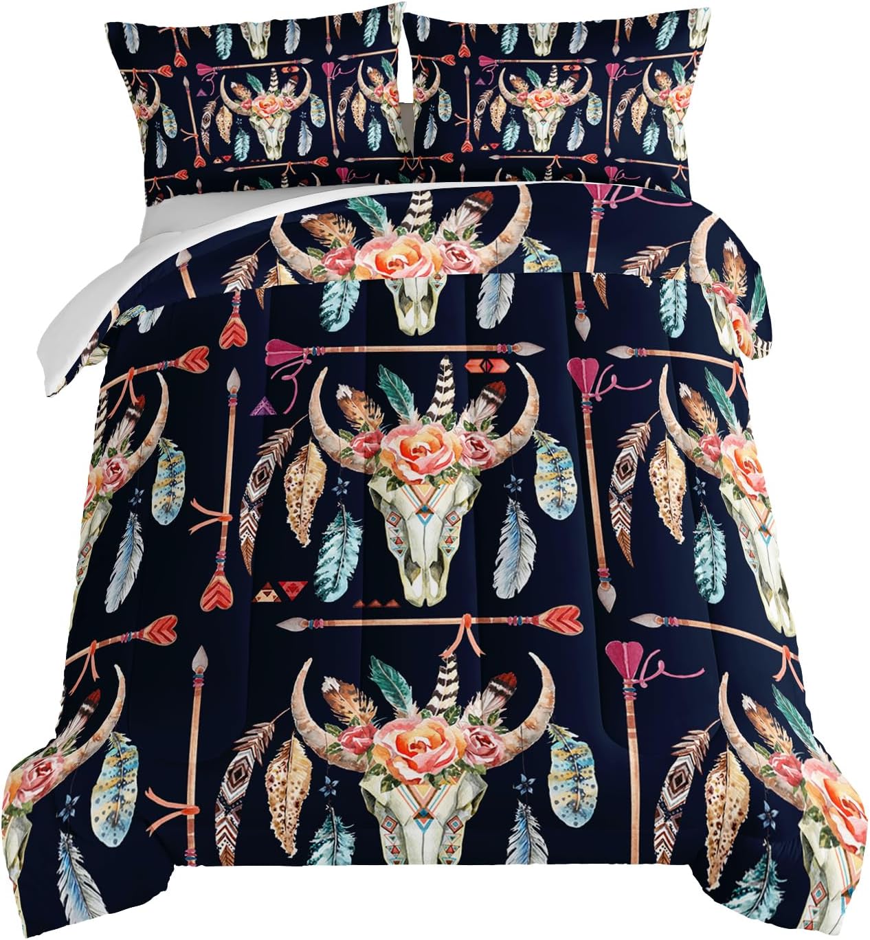 HOSIMA Floral Longhorn Skull Comforter Western Bedding Sets,Arrow Feather Twin Bed