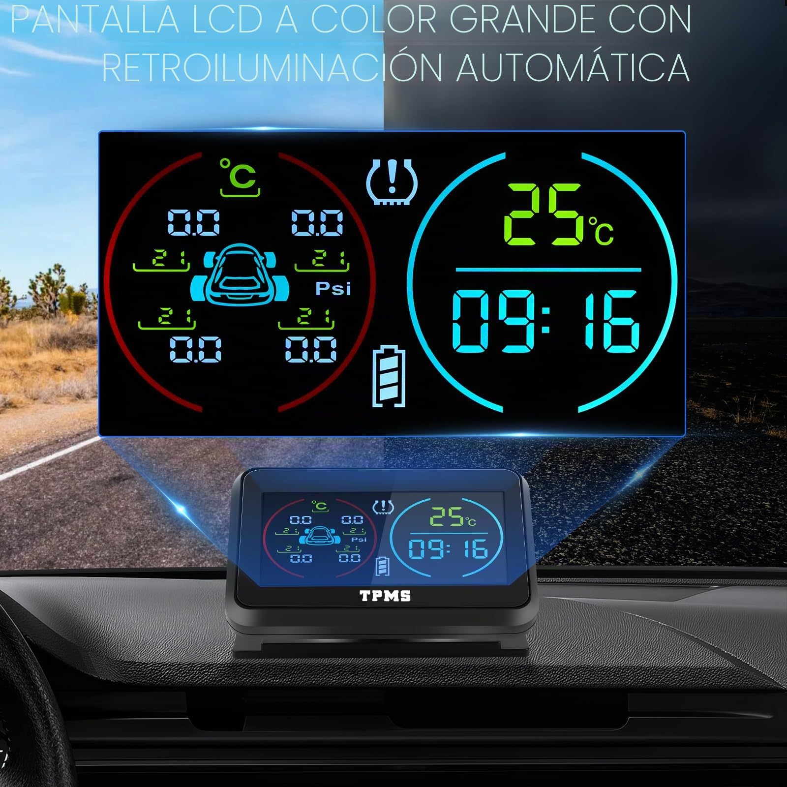 KAOLALI TPMS Sistema de monitoreo de presión de neumáticos, TPMS de visualización de Tiempo y Temperatura, Carga Solar y función de Carga USB, con 4 sensores externos de presión de neumáticos para RV