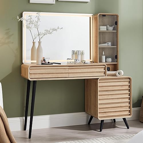 Fluted Makeup Vanity Desk with Large 35" HD Lighted Mirror, 48" Mid Century Modern Glass Top Vanity Table with 5 Drawers & Adjustable Shelf, Dressing Table w/Charging Station for Bedroom, Natural Oak