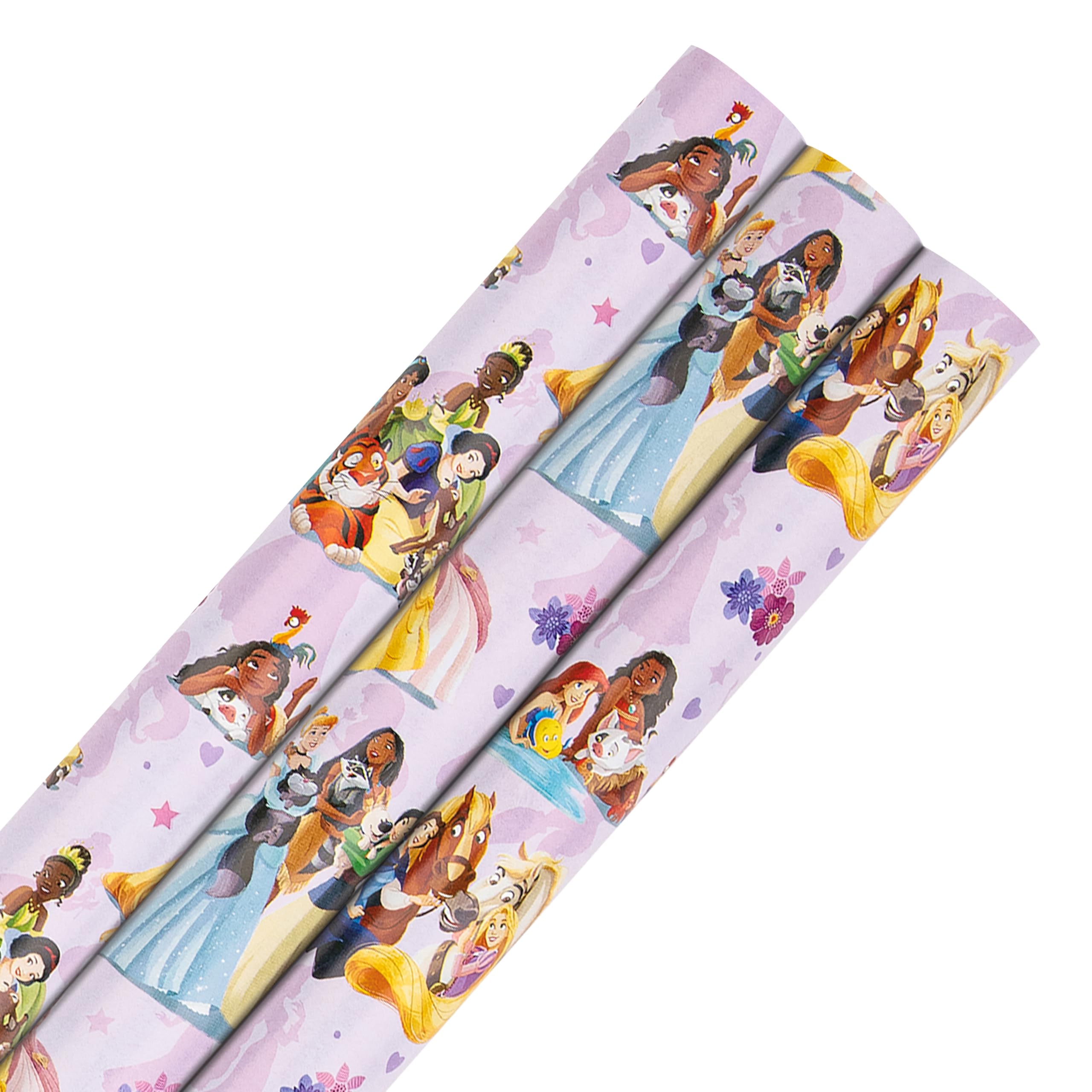 Hallmark Wrapping Paper Roll, Pack of 3 in 1 Disney Princesses & Pets Design, 2M Each, Birthday, Christmas, Pink